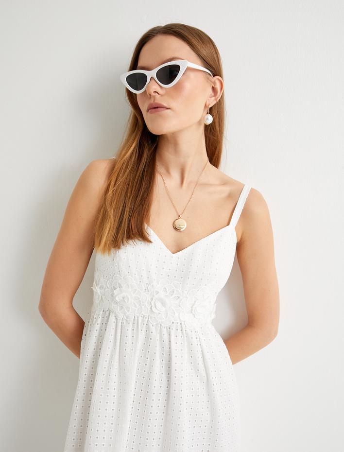  Uzun Fisto Elbise Askılı Çiçek Aplikeli Astarlı