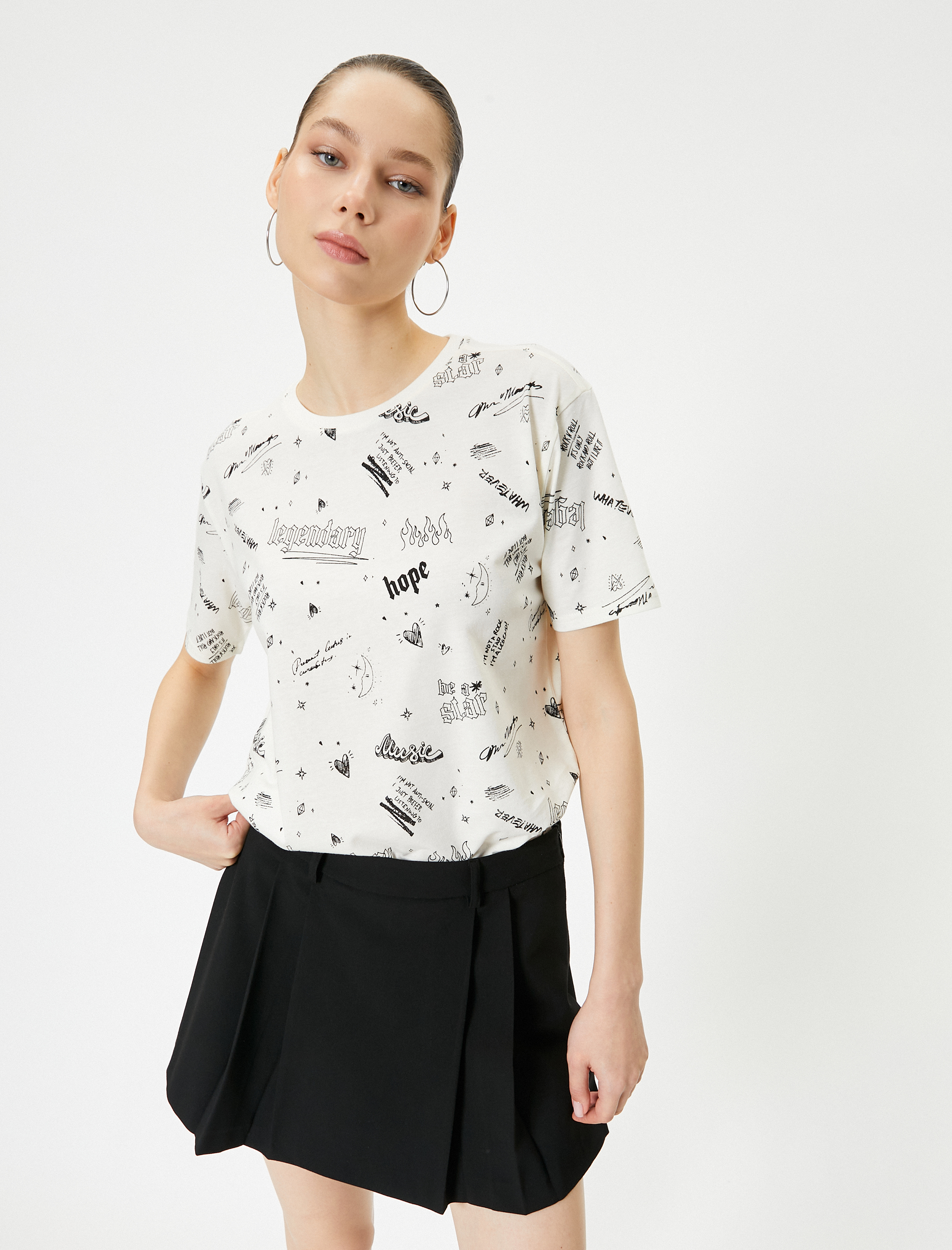   Baskılı Tişört Kısa Kollu Bisiklet Yaka Rahat Kalıp