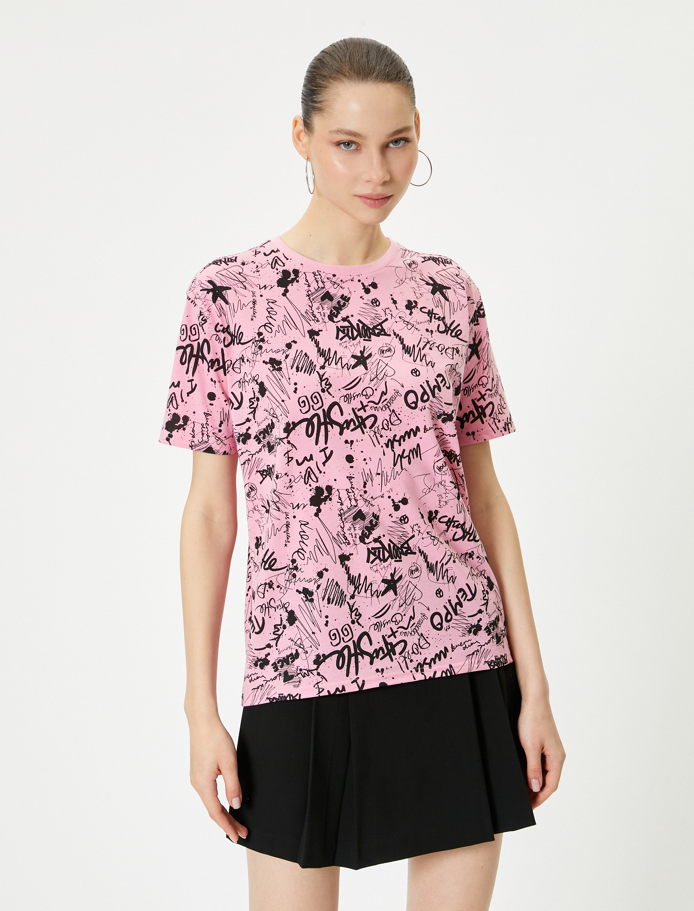   Baskılı Tişört Kısa Kollu Bisiklet Yaka Rahat Kalıp