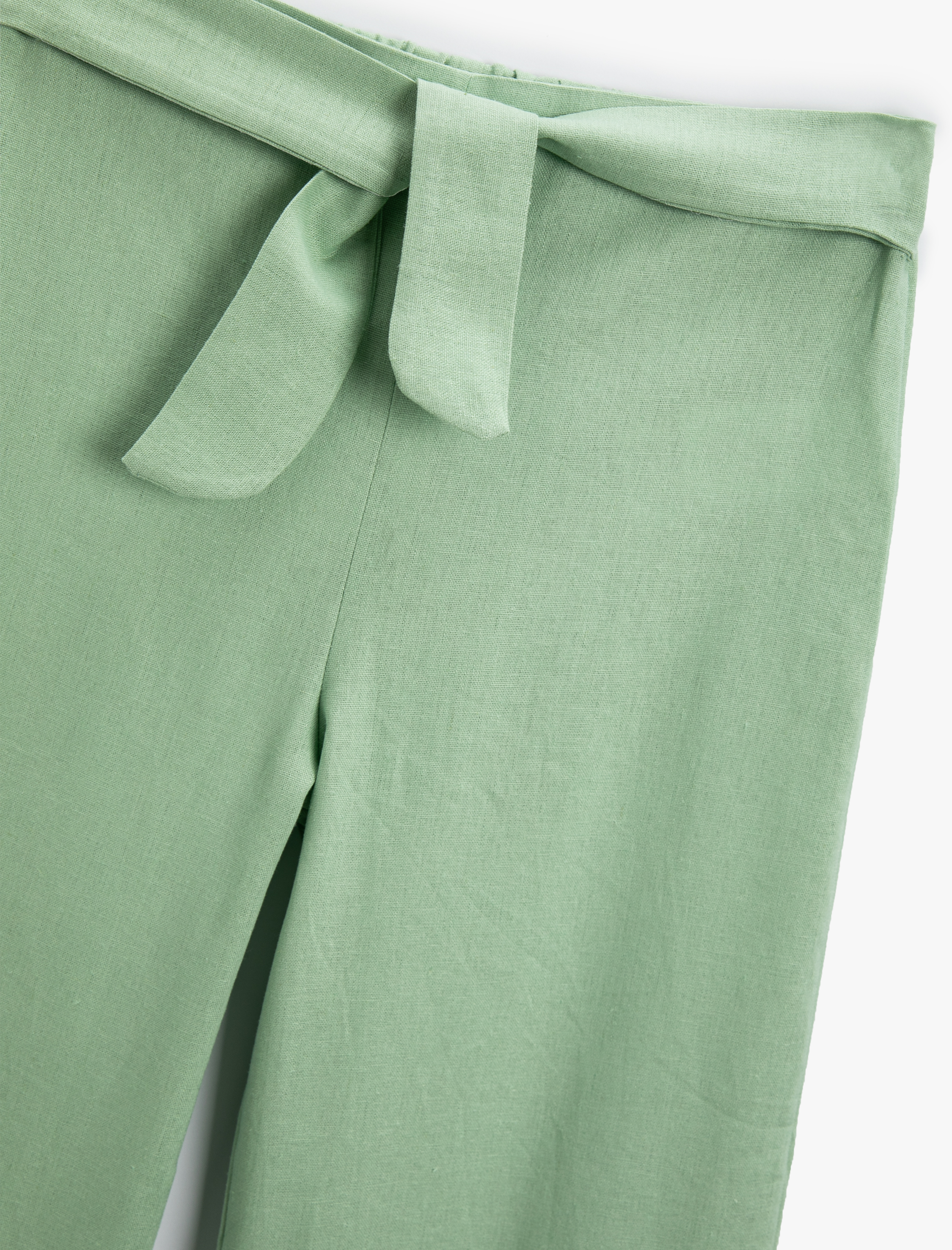 Kız Çocuk Keten Bol Paça Pantolon Kemer Detaylı