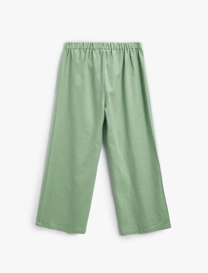 Kız Çocuk Keten Bol Paça Pantolon Kemer Detaylı