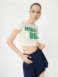 Crop Monaco Tişört Kısa Kollu Bisiklet Yaka Pamuklu Slim Fit