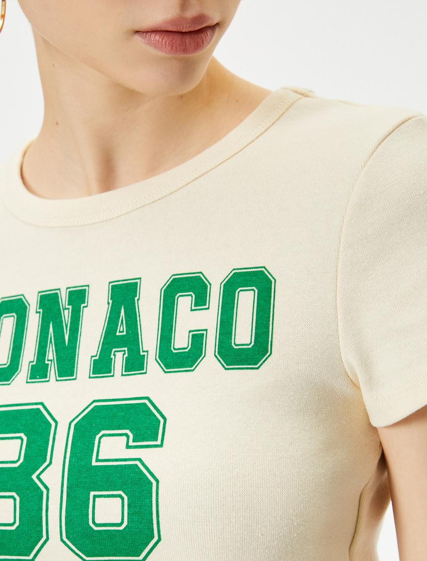   Crop Monaco Tişört Kısa Kollu Bisiklet Yaka Pamuklu Slim Fit