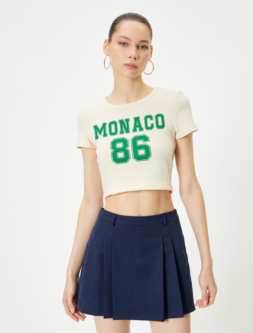   Crop Monaco Tişört Kısa Kollu Bisiklet Yaka Pamuklu Slim Fit