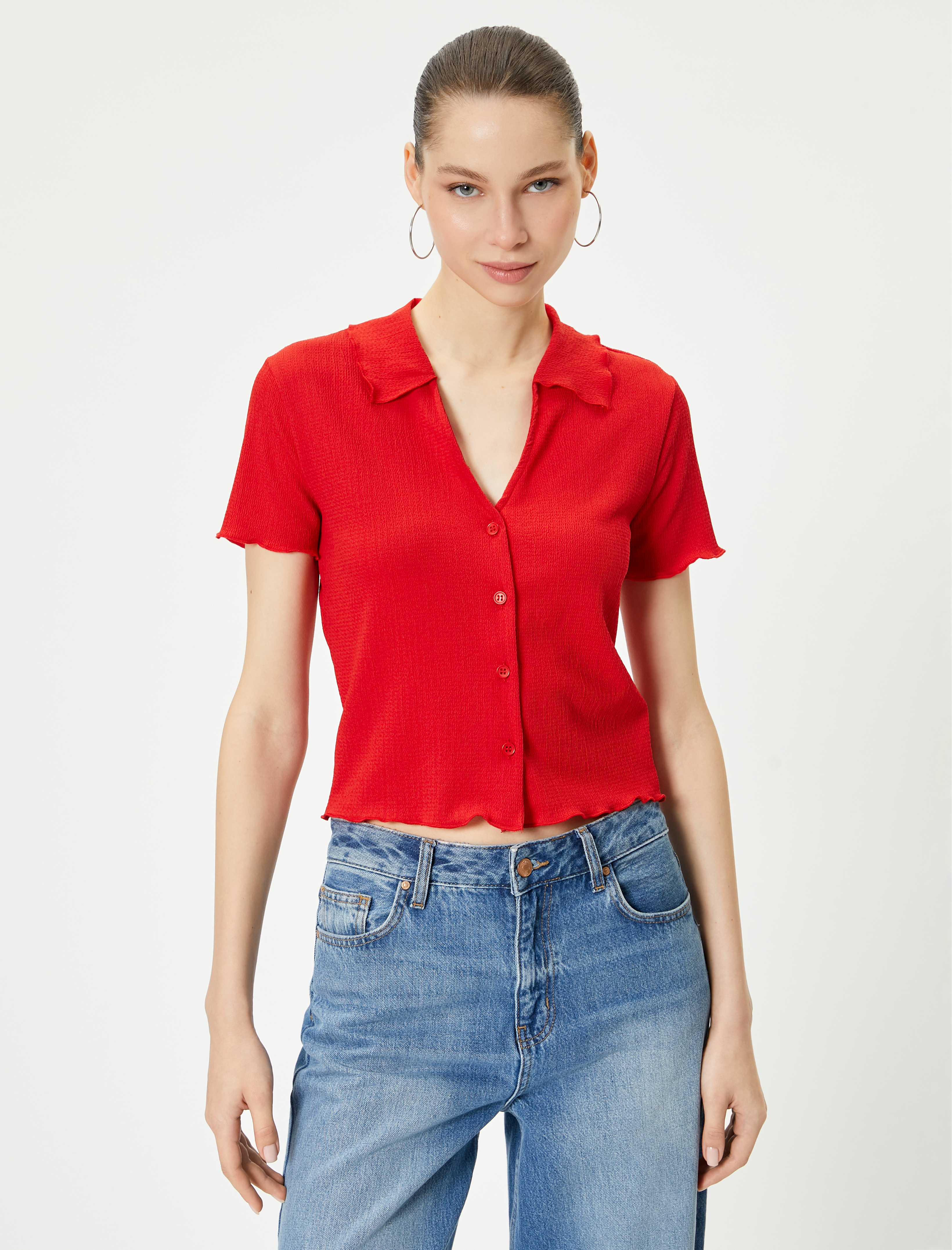   Kısa Kollu Gömlek Yaka Bluz Düğmeli Bürümcük