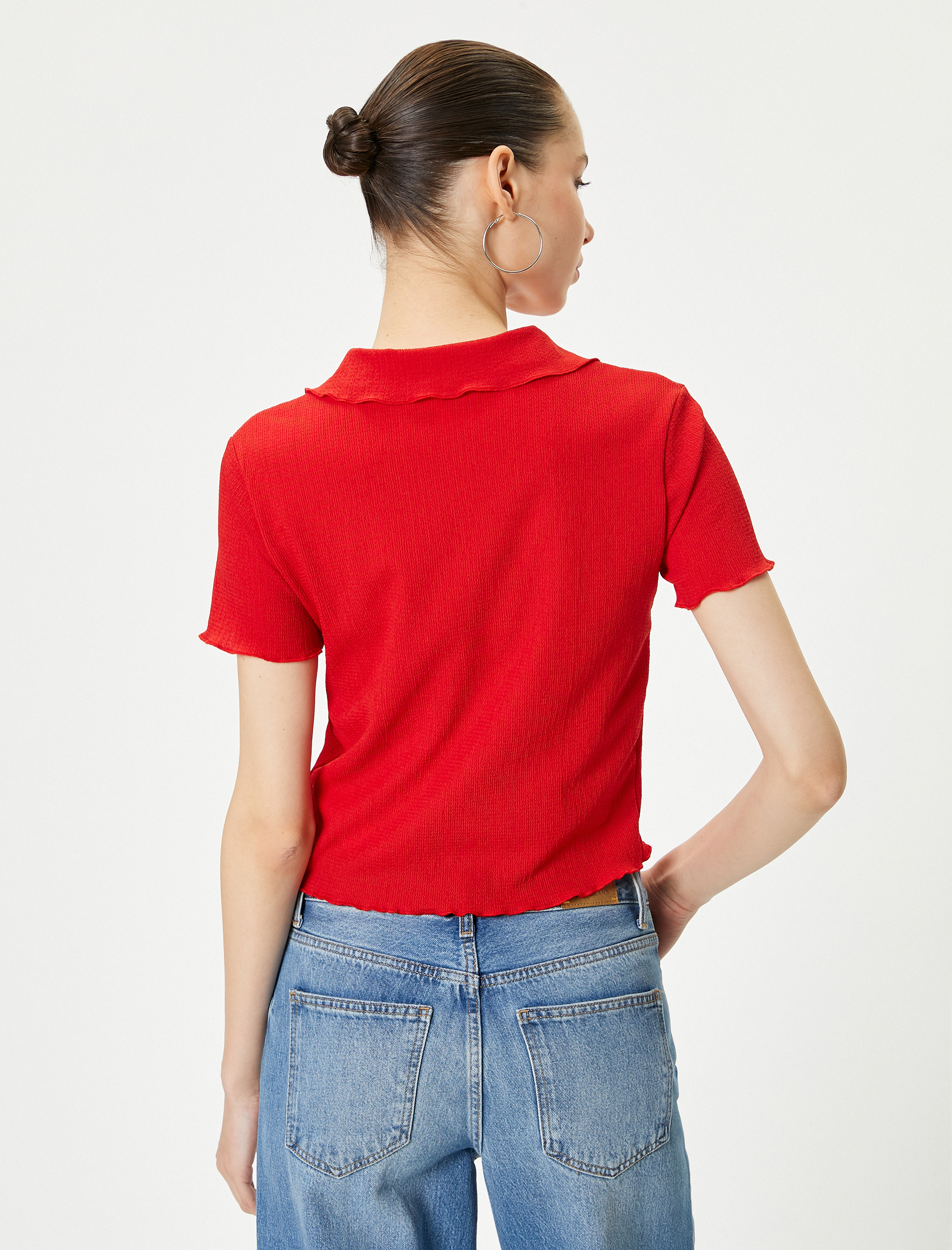   Kısa Kollu Gömlek Yaka Bluz Düğmeli Bürümcük