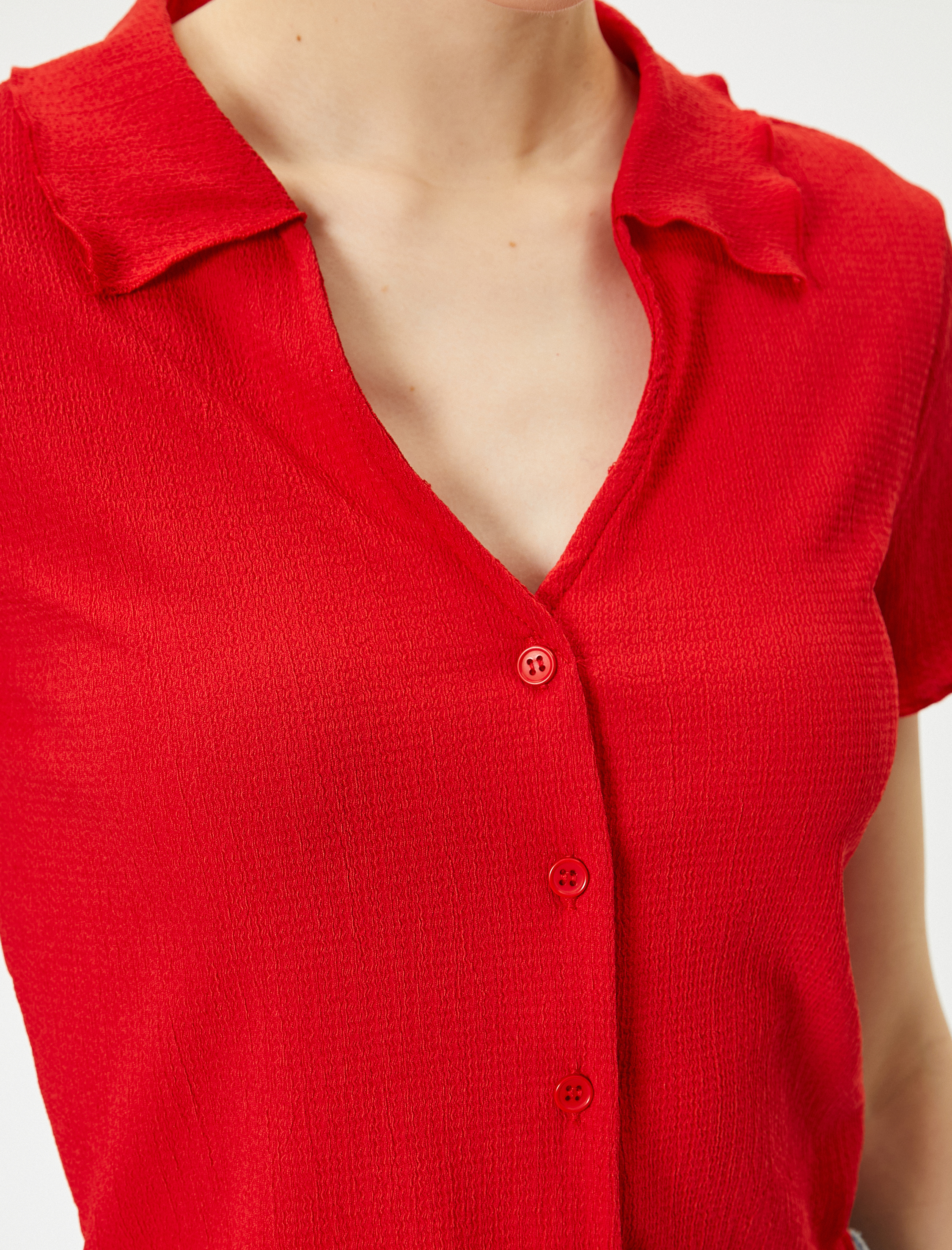   Kısa Kollu Gömlek Yaka Bluz Düğmeli Bürümcük