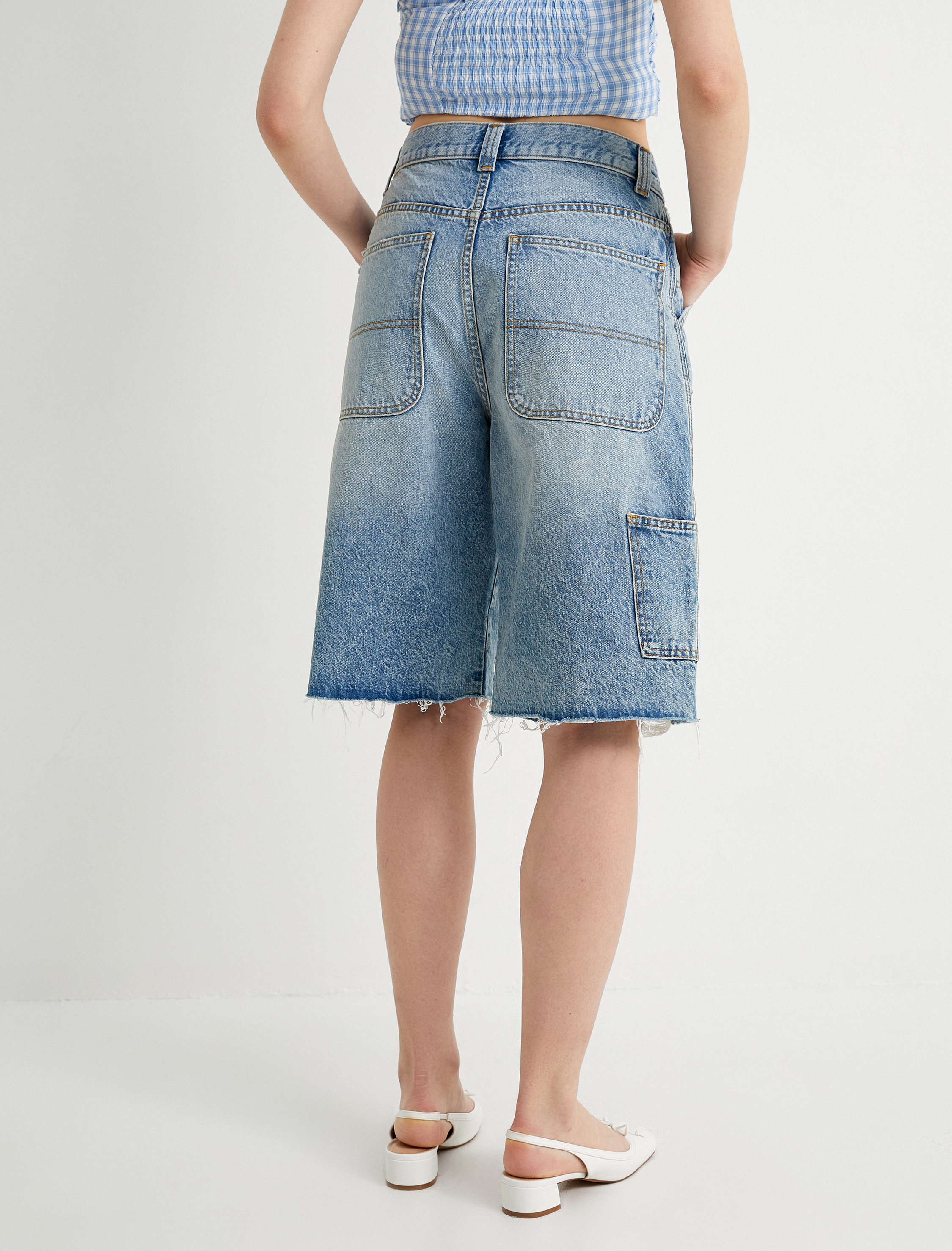   Kot Bermuda Şort Bol Kalıp Yıpratılmış Kesik Paça Cepli