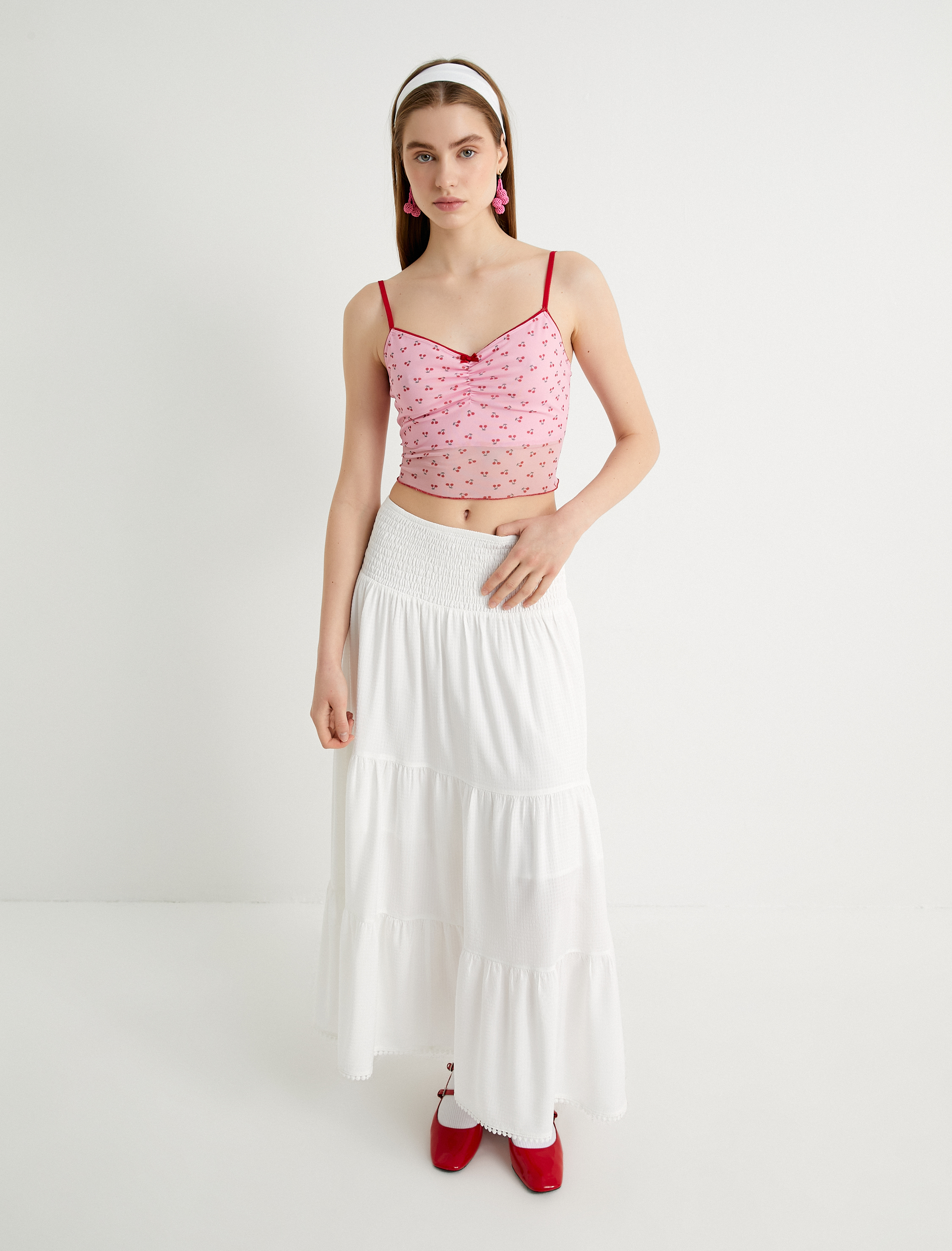   Katlı Uzun Etek Astarlı Rahat Kalıp Gipe Detaylı Standart Bel