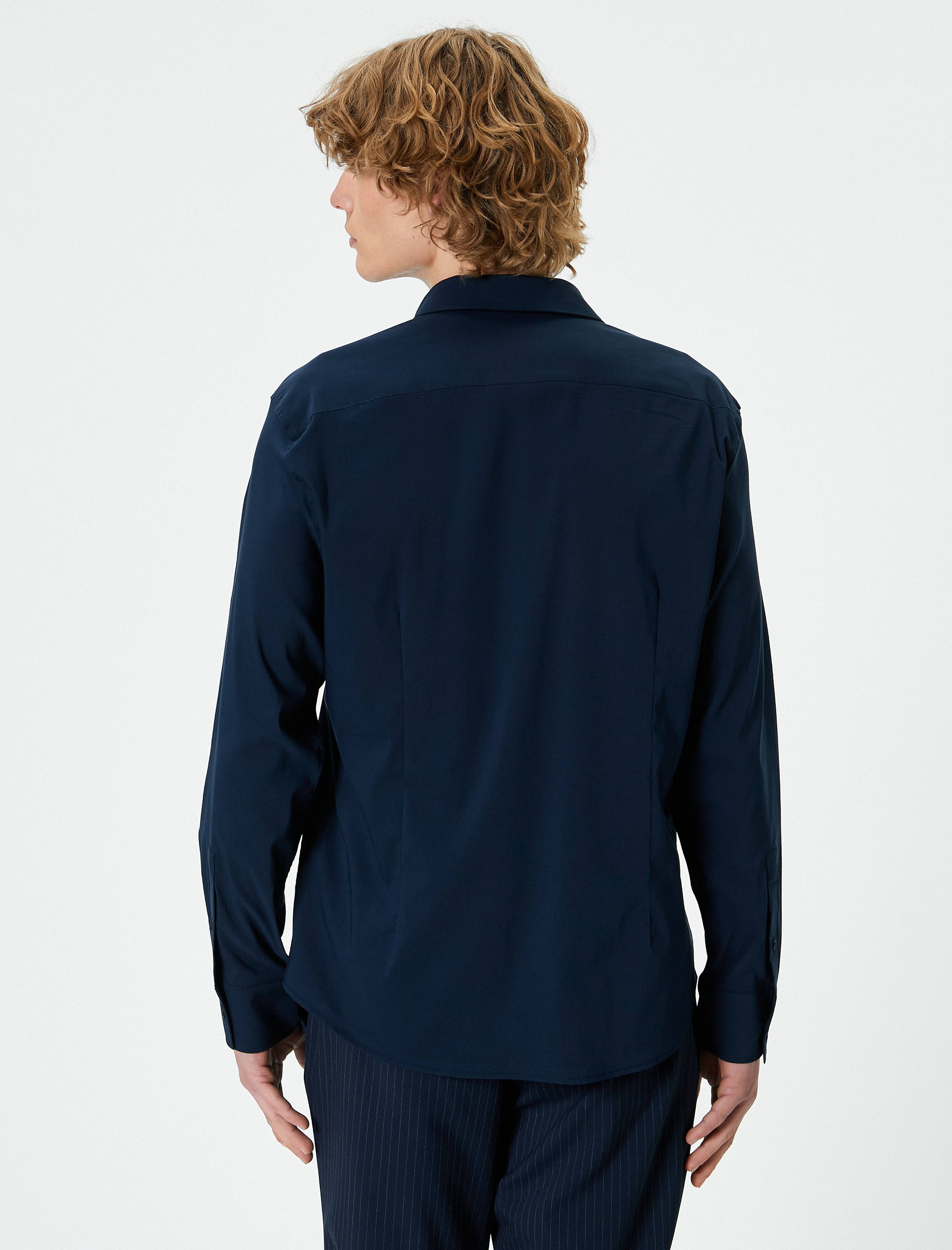   Slim Fit Gömlek Yarım İtalyan Yaka Düğmeli Uzun Kollu