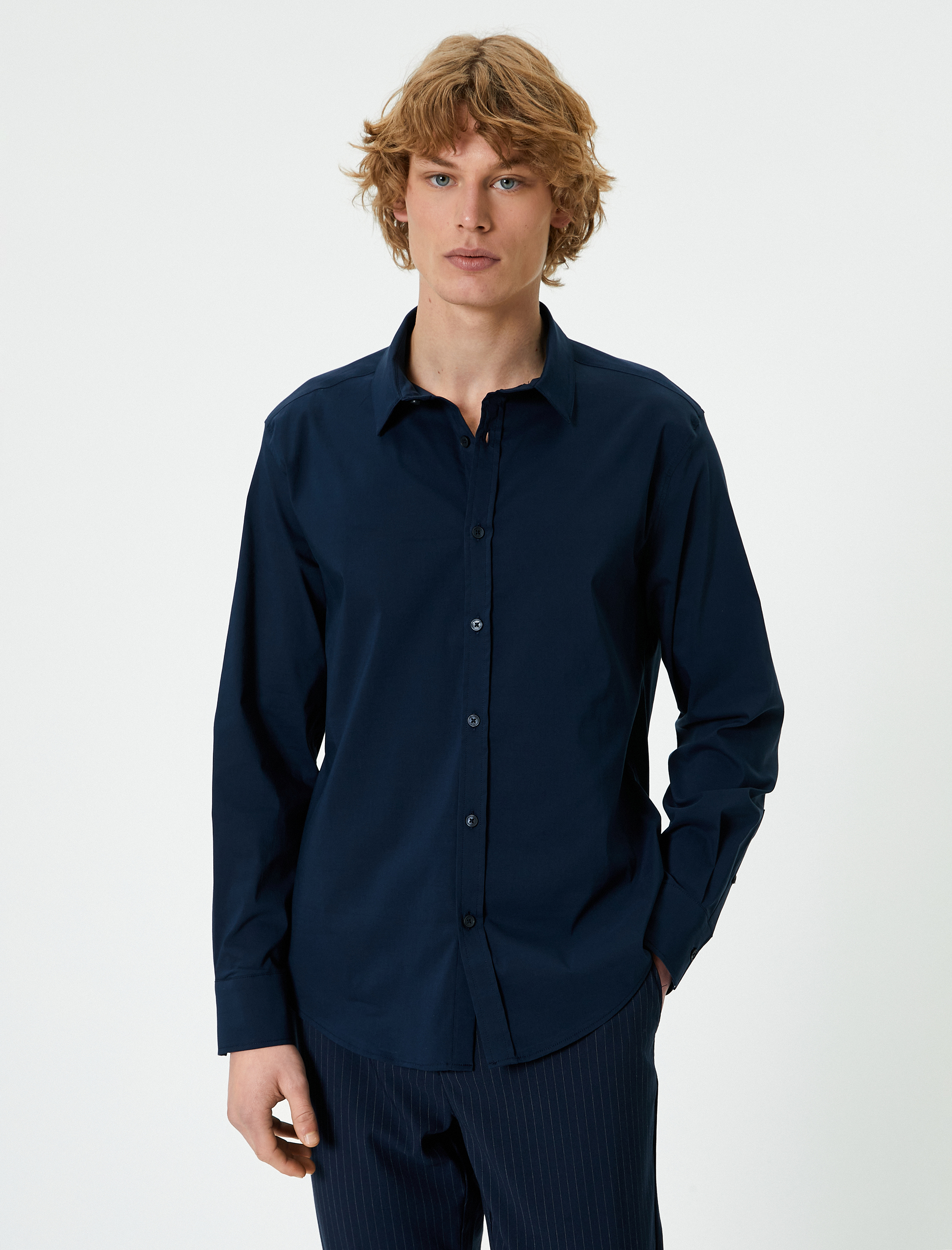   Slim Fit Gömlek Yarım İtalyan Yaka Düğmeli Uzun Kollu