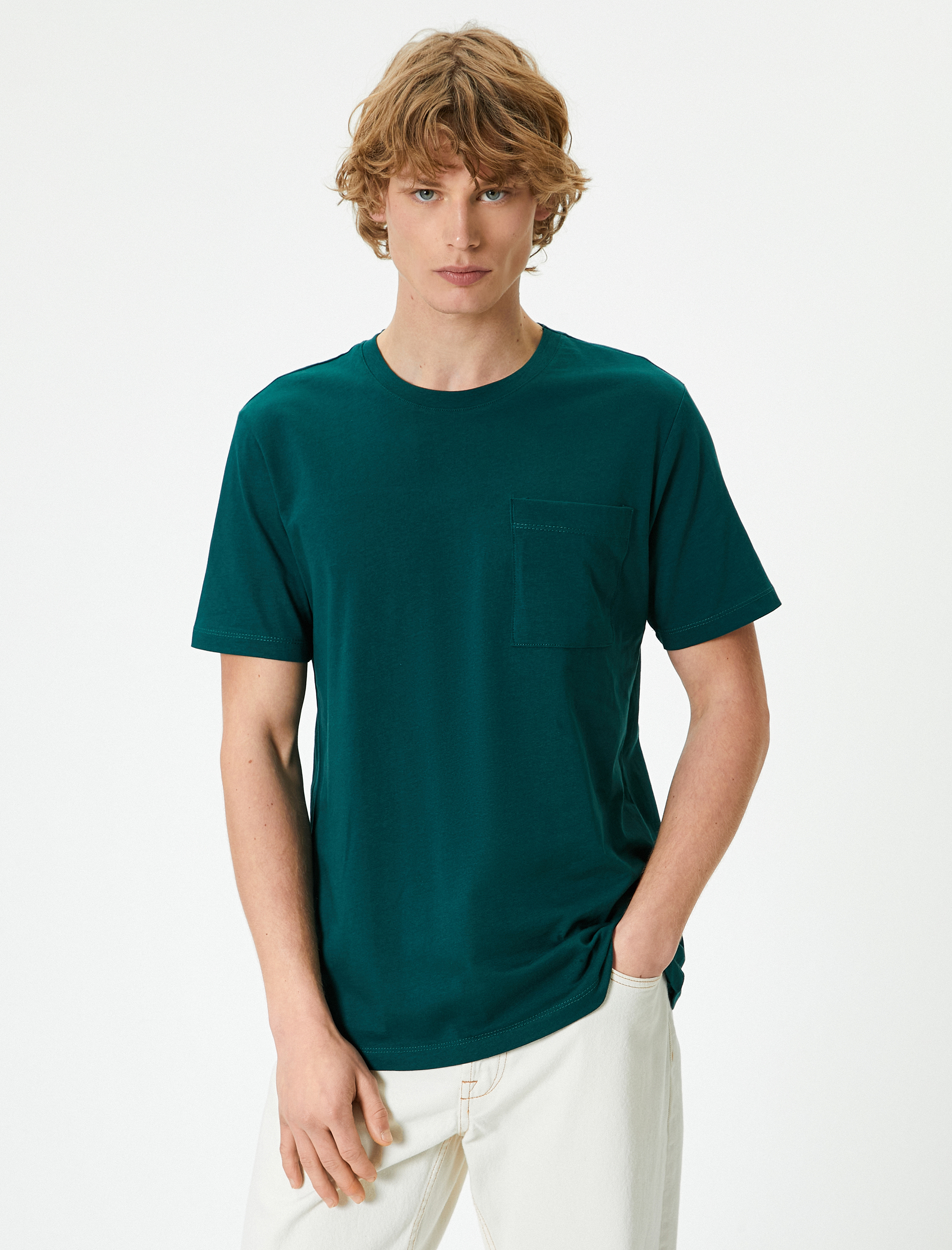   Basic Tişört Cep Detaylı Bisiklet Yaka Kısa Kollu Pamuklu