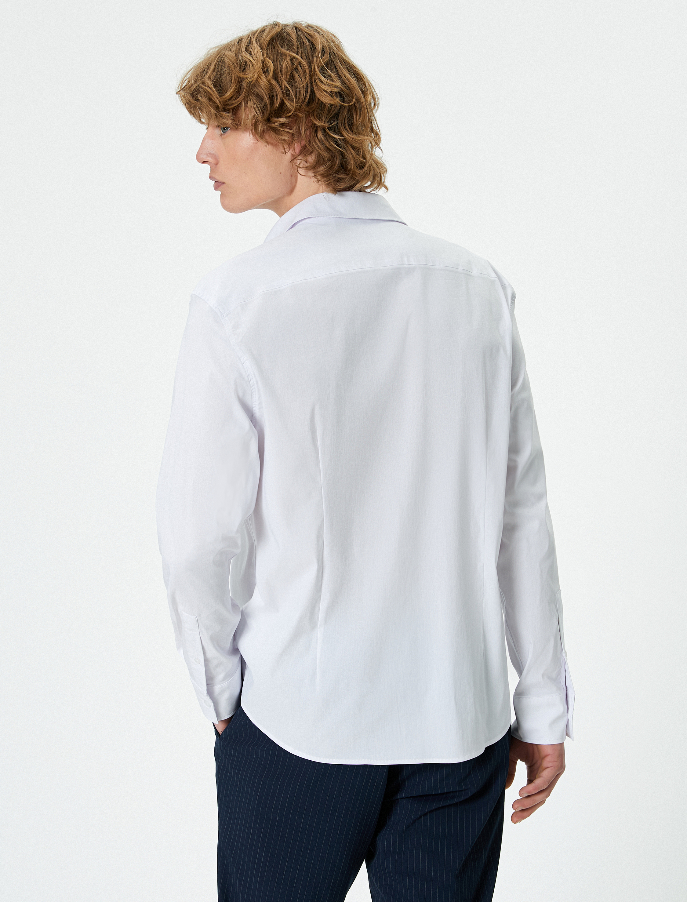   Slim Fit Gömlek Yarım İtalyan Yaka Düğmeli Uzun Kollu