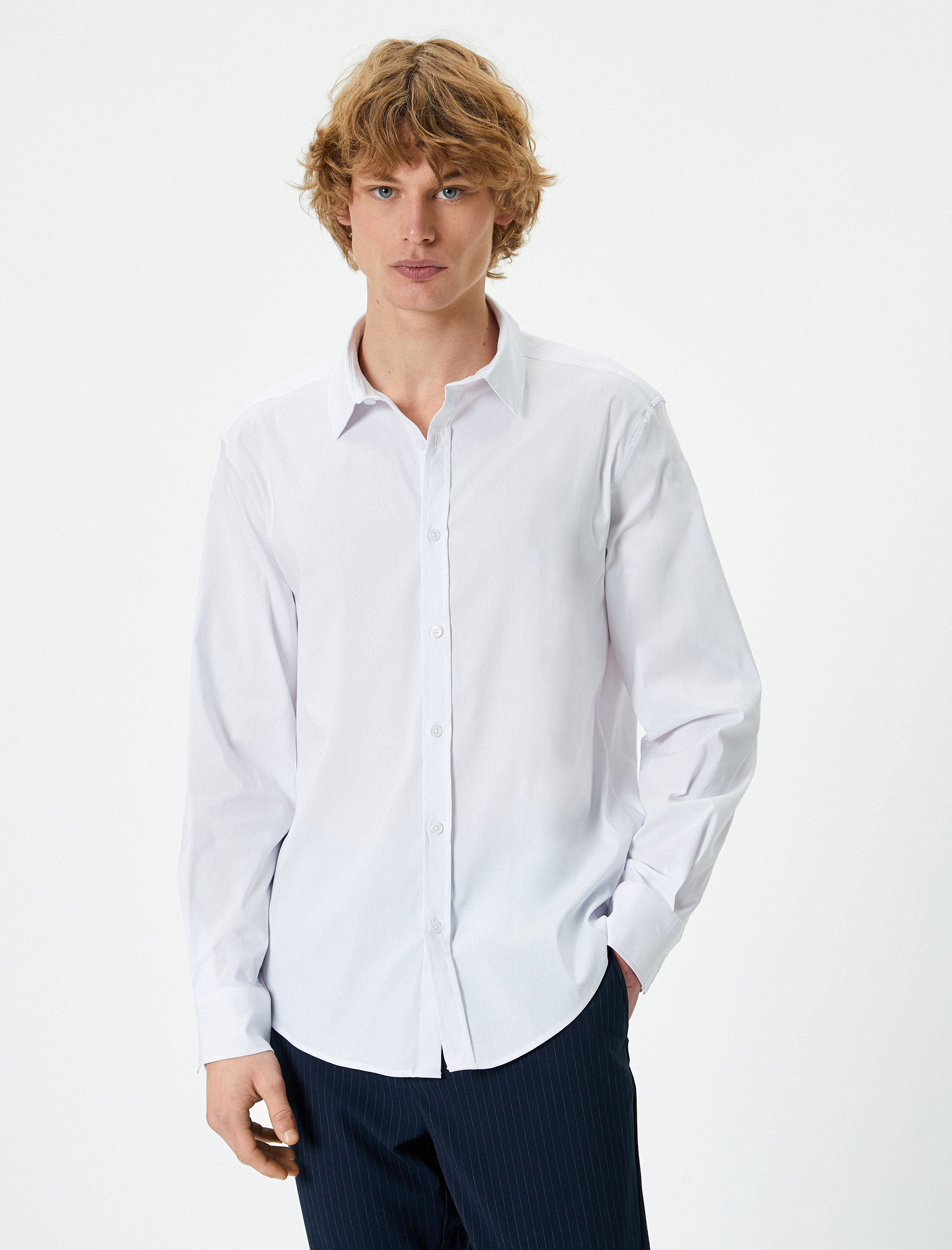   Slim Fit Gömlek Yarım İtalyan Yaka Düğmeli Uzun Kollu