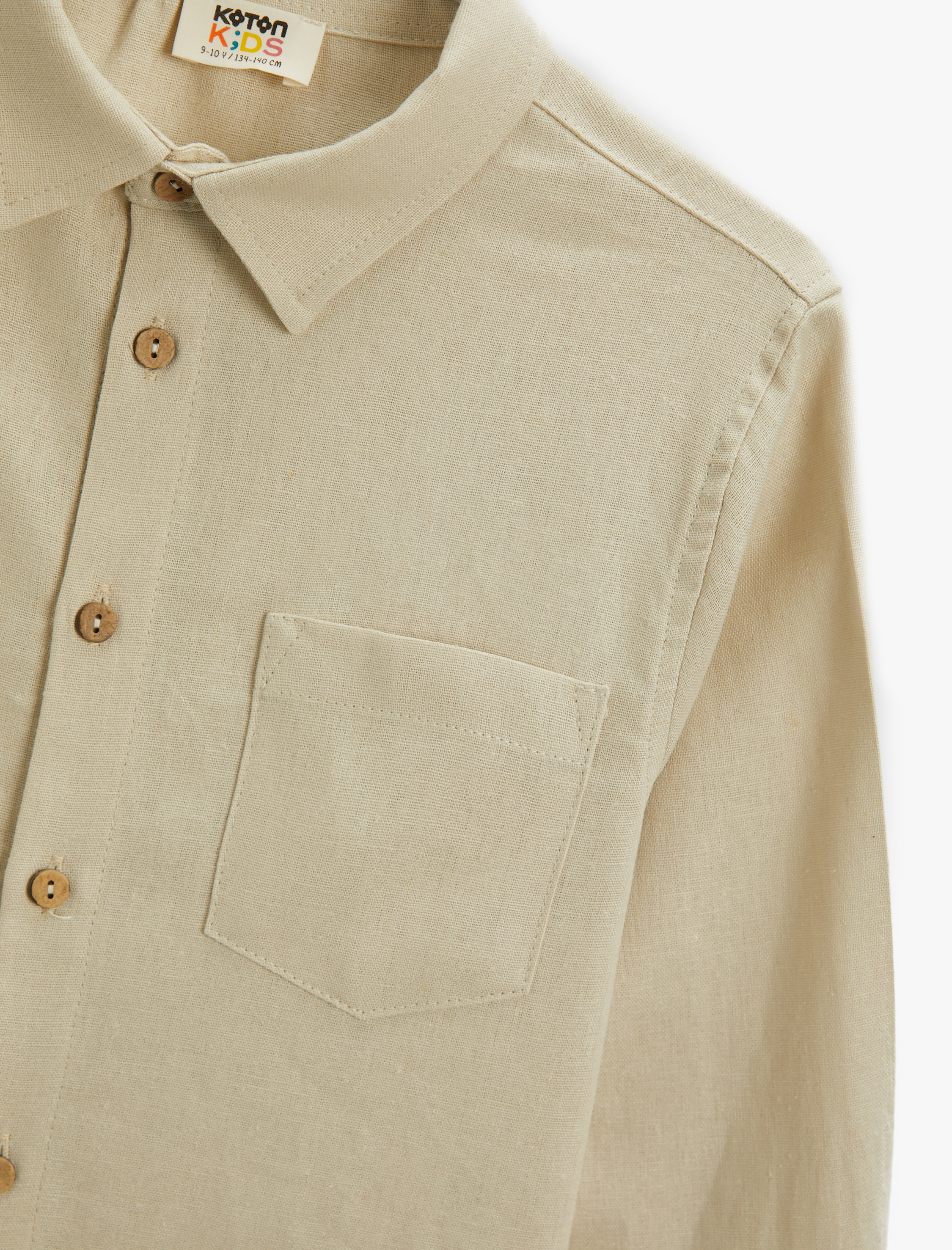  Erkek Çocuk Basic Gömlek Keten Karışımlı Uzun Kollu Tek Cep Detaylı