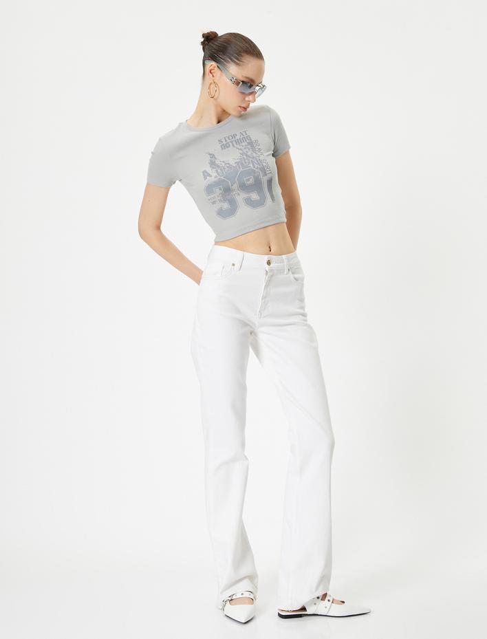  Crop Tişört Kısa Kollu Bisiklet Yaka Pamuklu Slim Fit