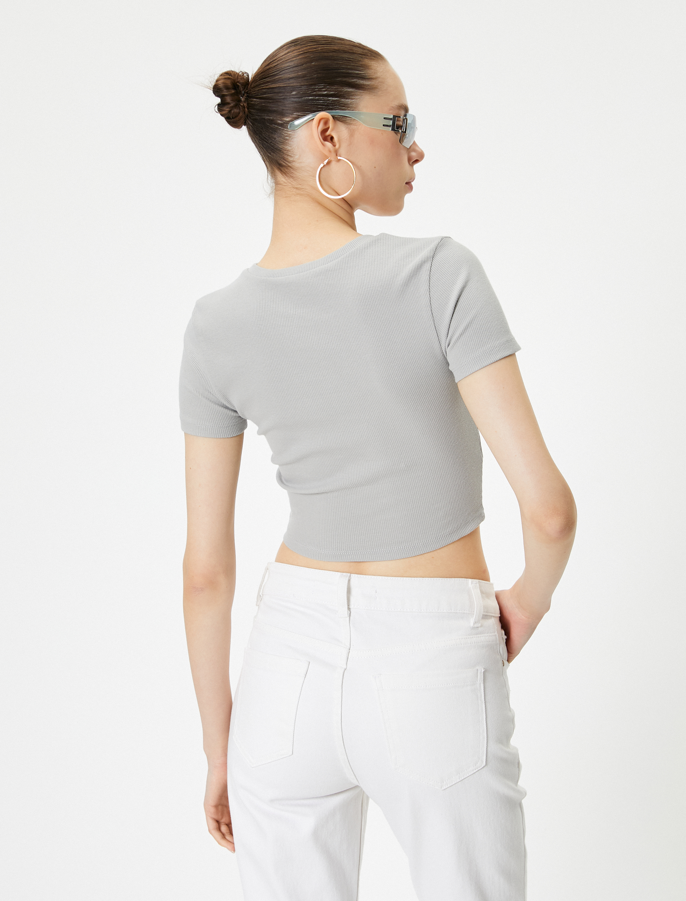   Crop Tişört Kısa Kollu Bisiklet Yaka Pamuklu Slim Fit