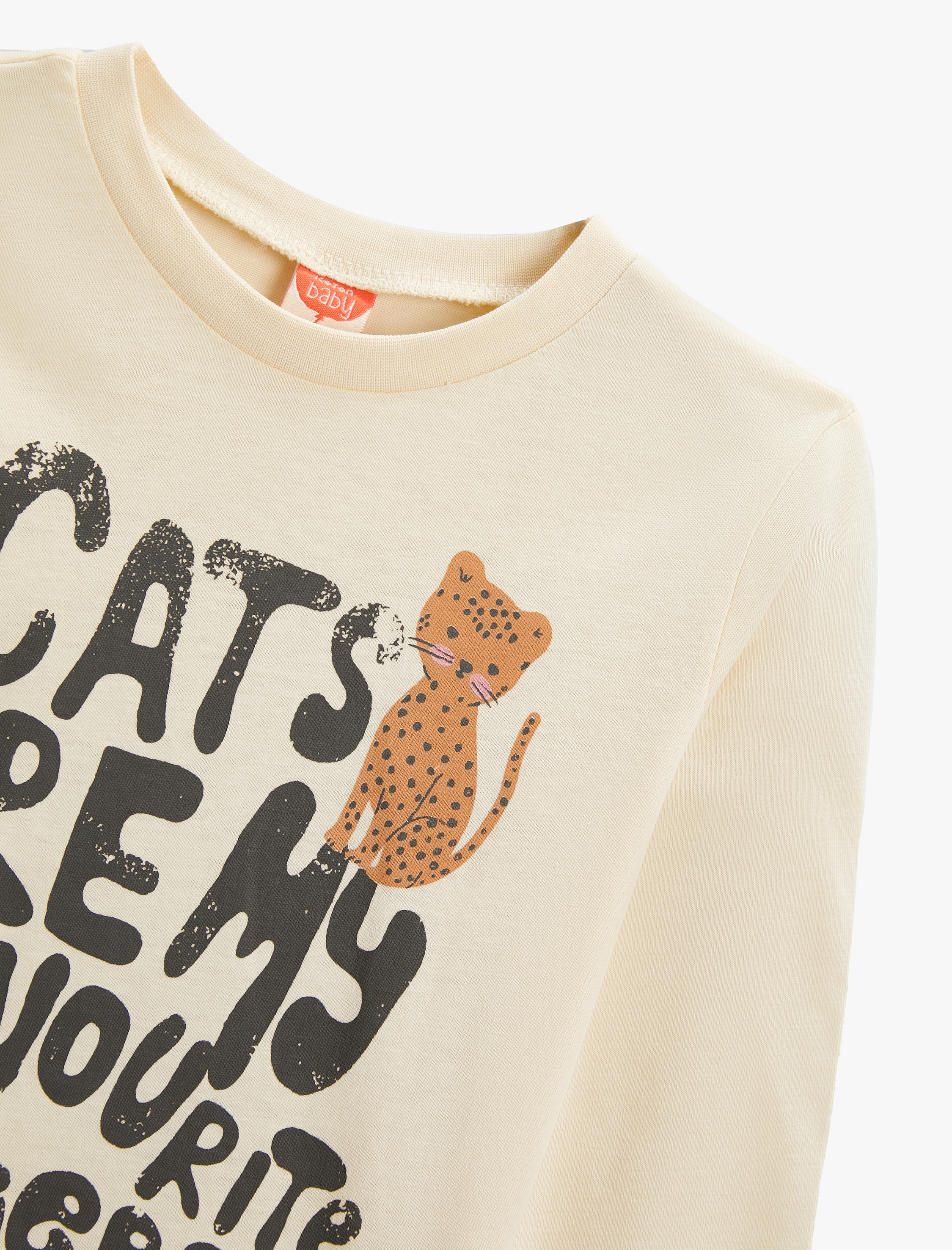  Kız Bebek Tişört Uzun Kollu Kedi Baskılı Bisiklet Yaka Pamuklu