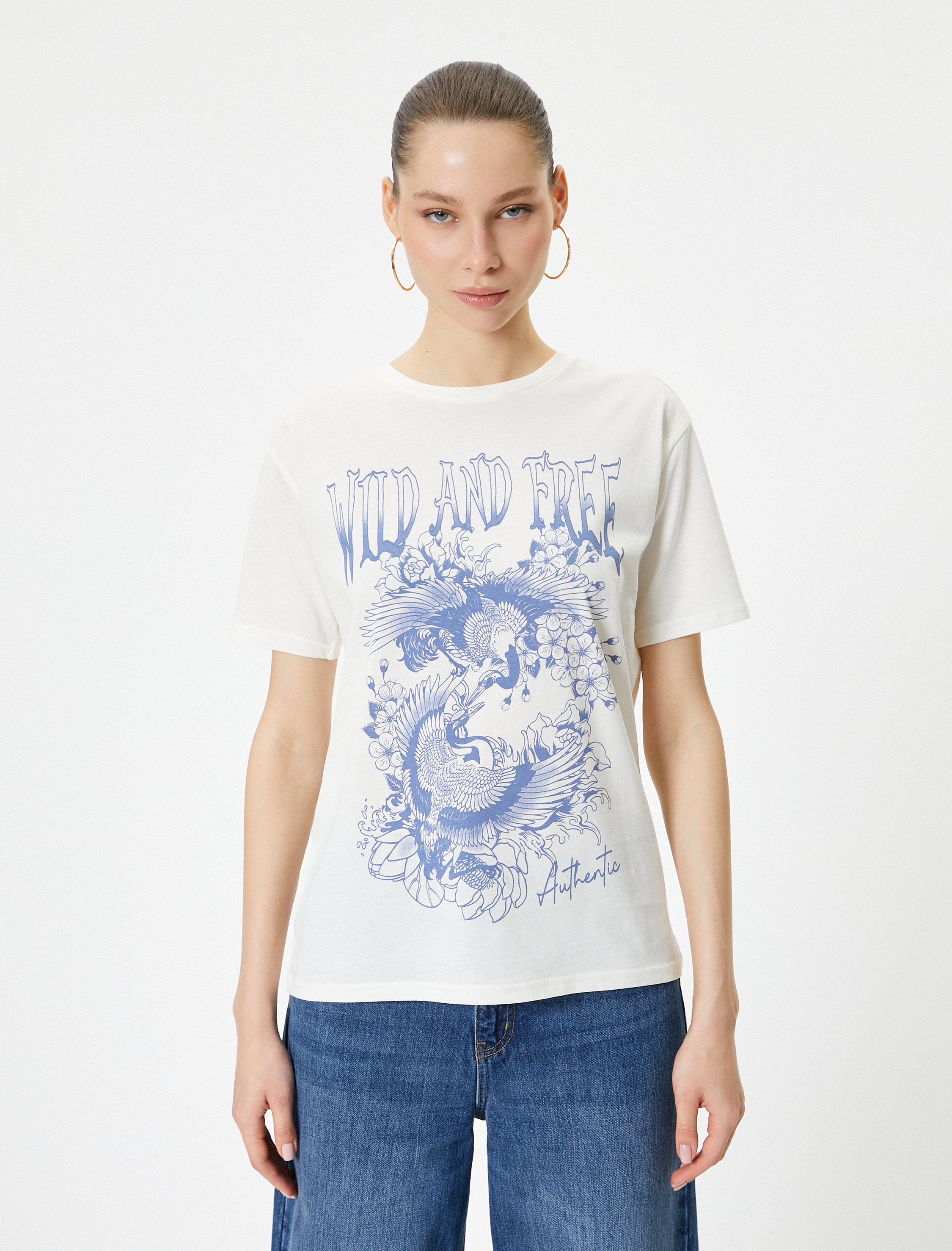   Kısa Kollu Tişört Baskılı Bisiklet Yaka Pamuklu Rahat Kalıp