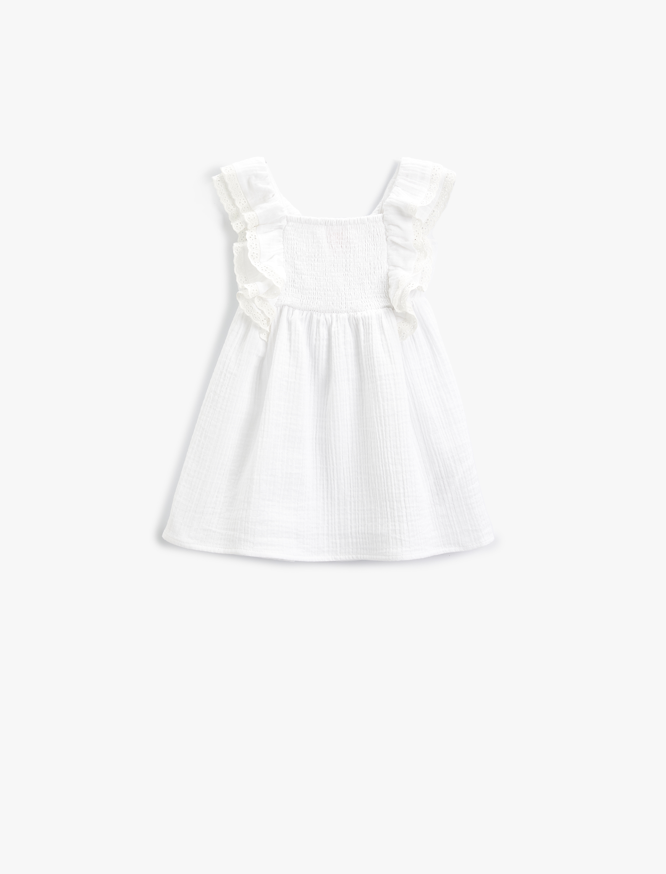  Kız Bebek Askılı Elbise Müslin Kumaş İşleme Detaylı Katlı Pamuklu
