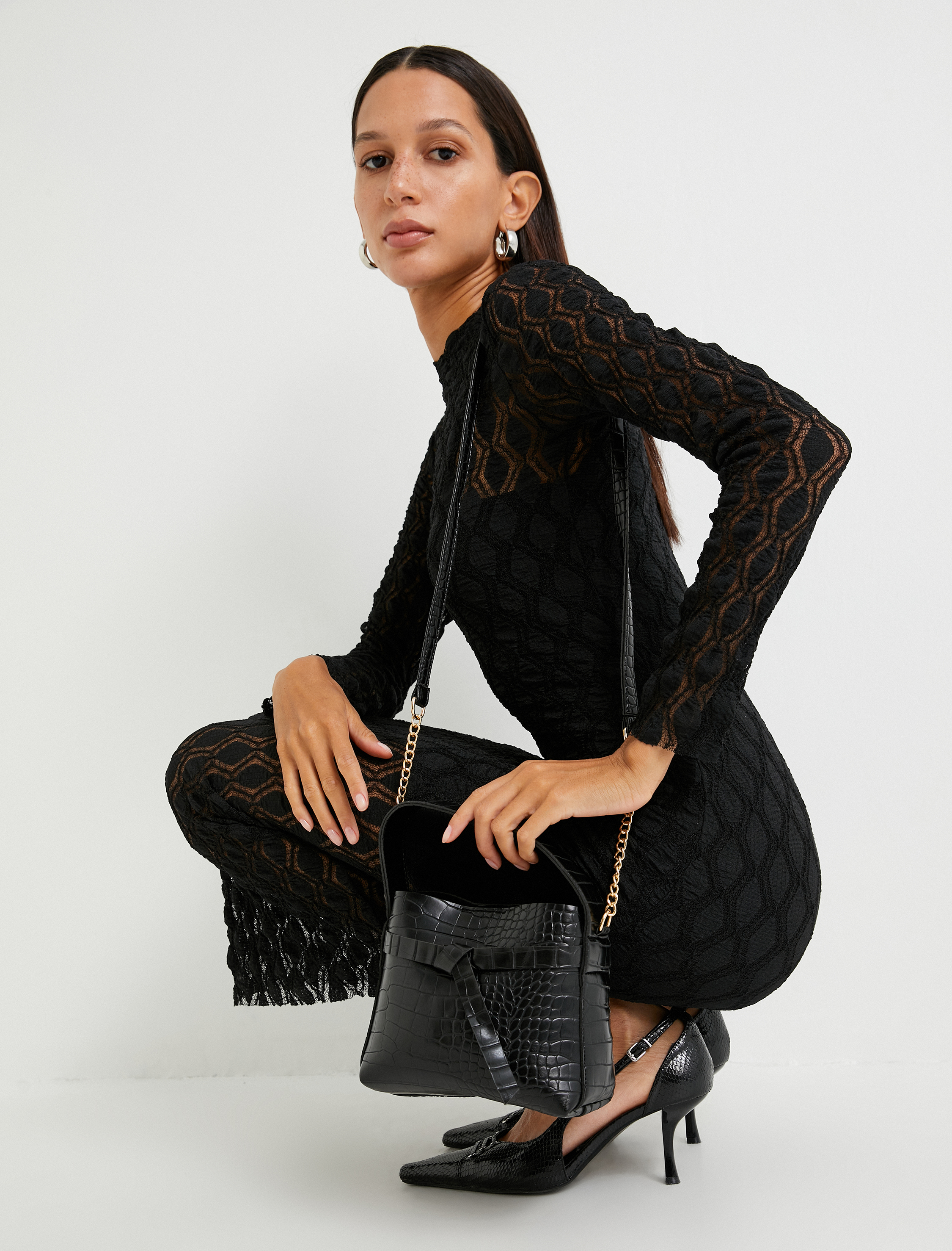  Kadın Vintage Çanta Suni Deri Kroko Tote Zincir Detaylı Saplı Askılı