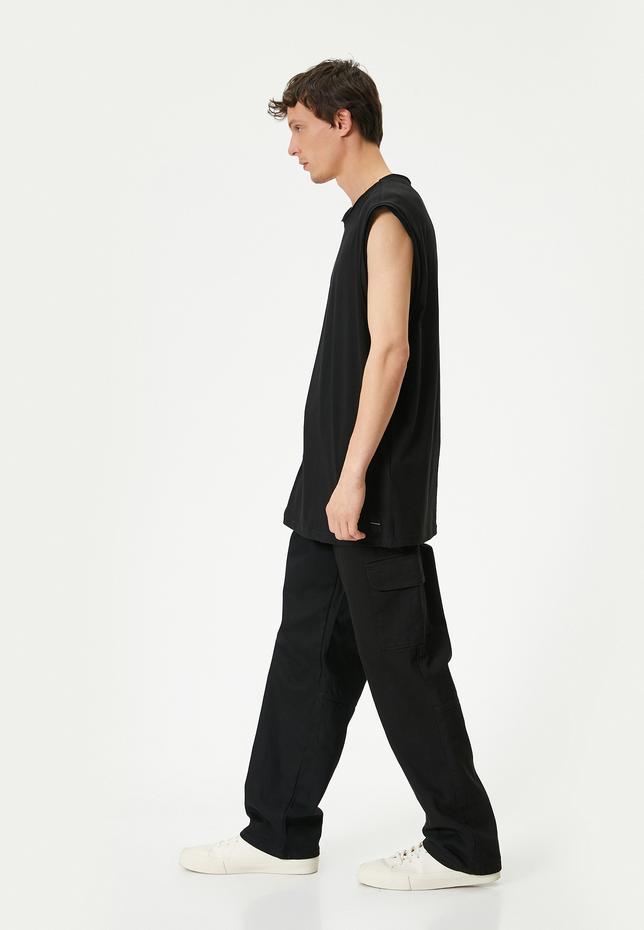  Basic Kolsuz Tişört Oyuk Kol Etiket Detaylı Bisiklet Yaka