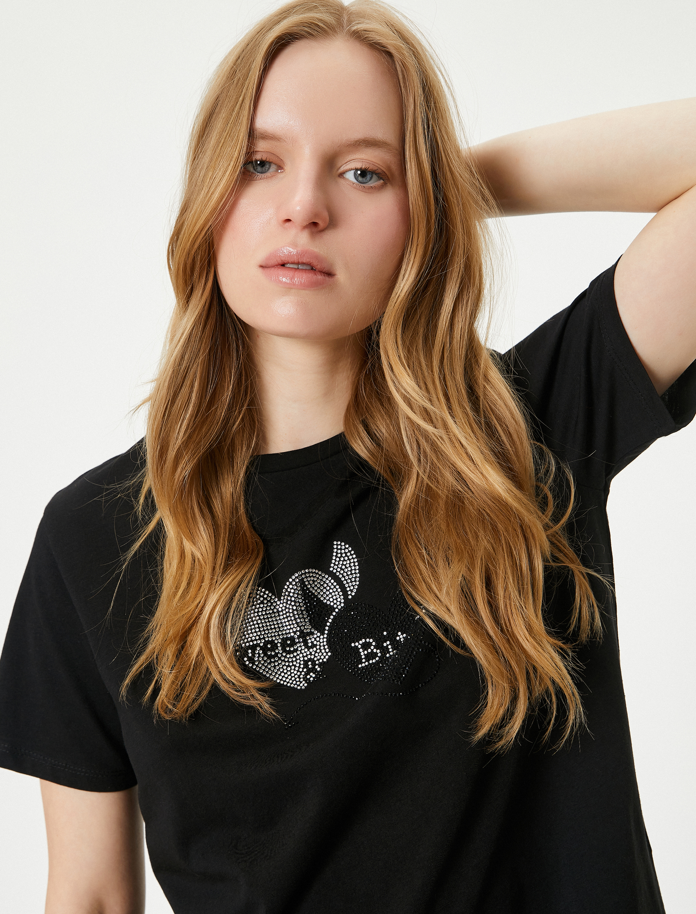   Taş Baskılı Tişört Bisiklet Yaka Kısa Kollu Pamuklu