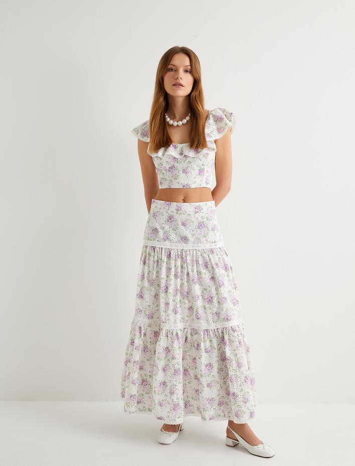  Crop Fisto Çiçekli Üst Fırfırlı Pamuklu
