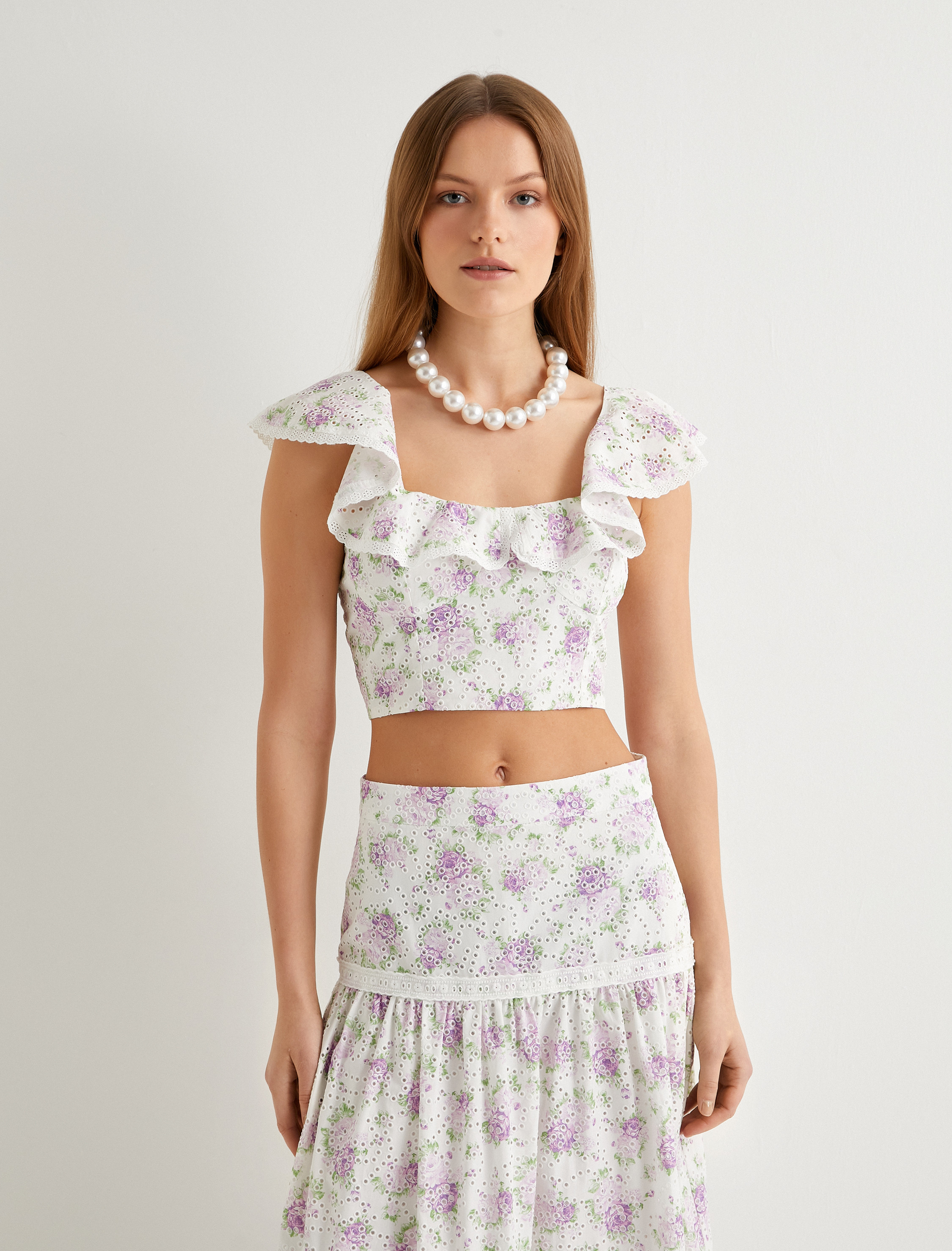   Crop Fisto Çiçekli Üst Fırfırlı Pamuklu