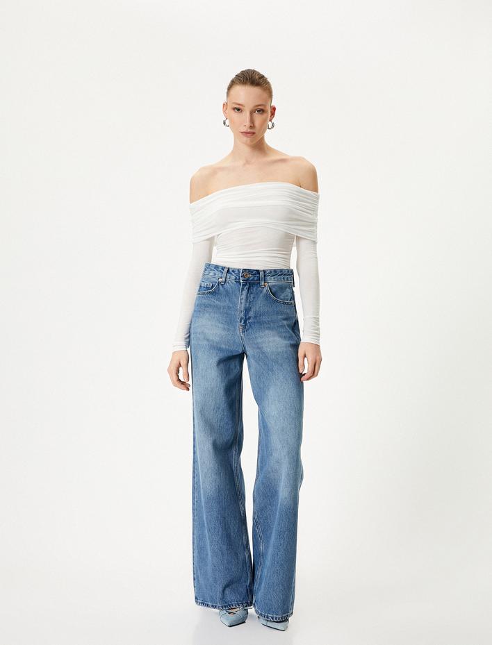  Madonna Yaka Bluz Omzu Açık Drapeli Uzun Kollu