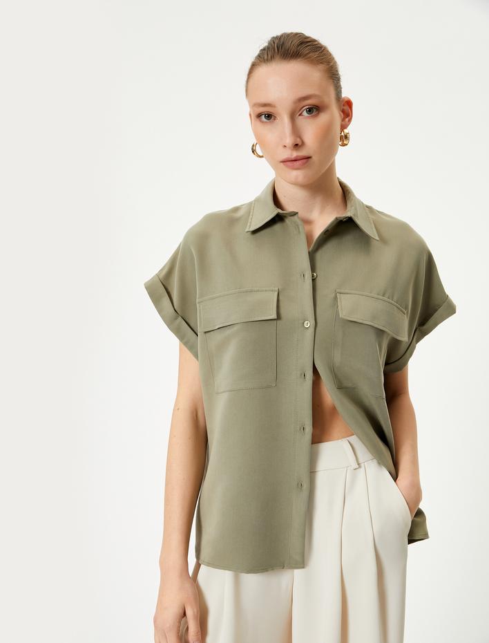  Kısa Kollu Gömlek Cepli Düğmeli Modal Karışımlı