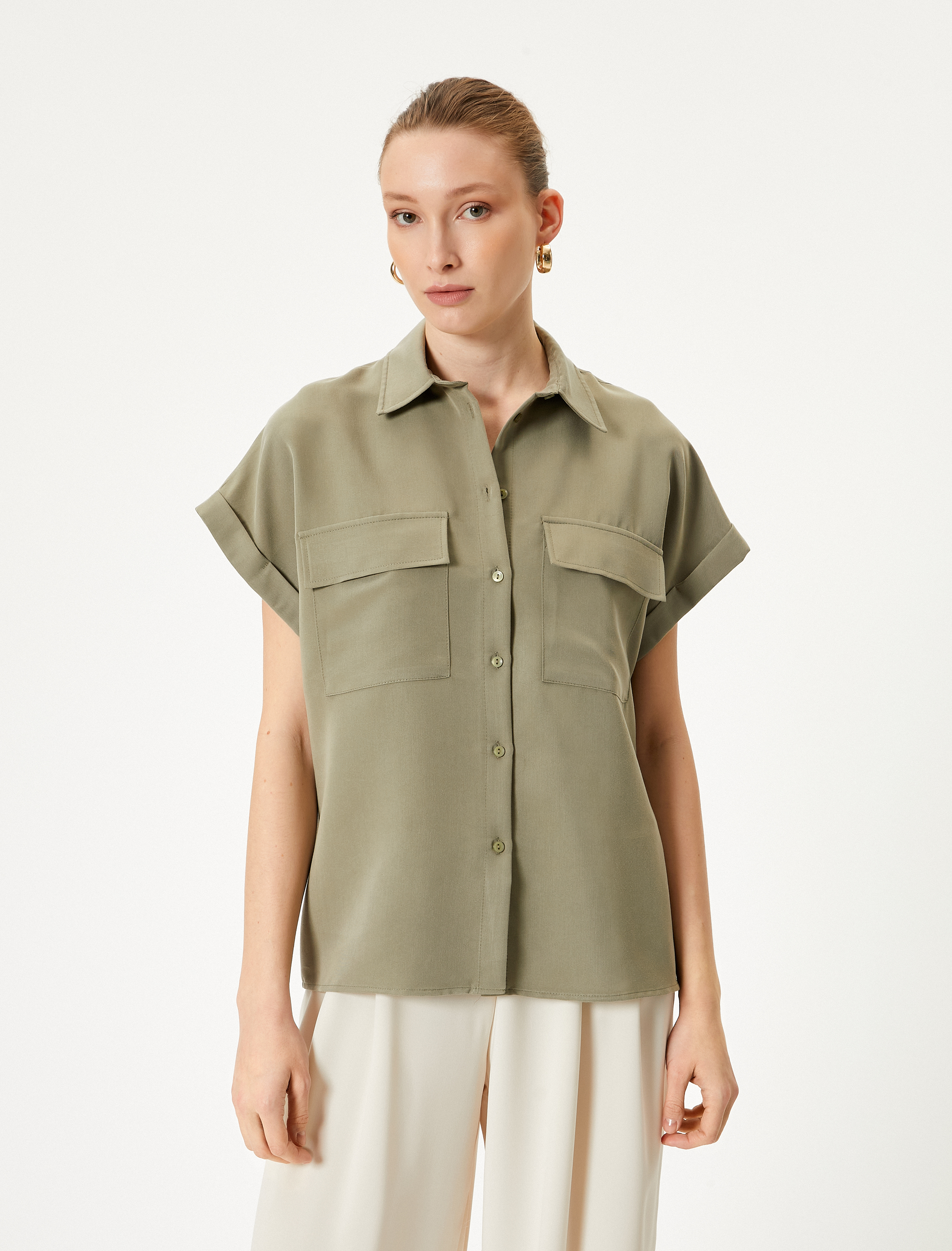   Kısa Kollu Gömlek Cepli Düğmeli Modal Karışımlı