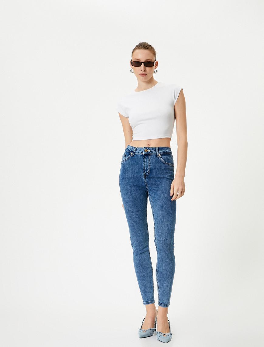   Dar Paça Skinny Kot Pantolon Cepli Yüksek Bel - Carmen Skinny Jeans