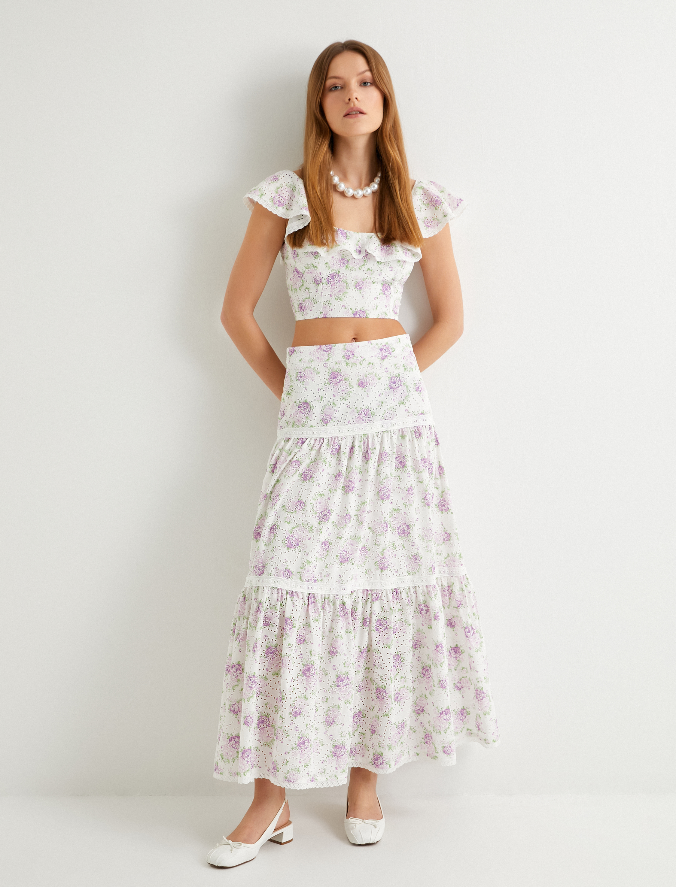   Çiçekli Uzun Etek Normal Bel Volanlı Pamuklu Fistolu