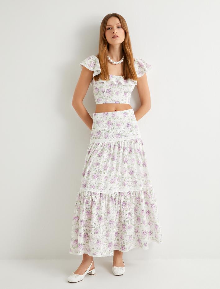  Çiçekli Uzun Etek Normal Bel Volanlı Pamuklu Fistolu