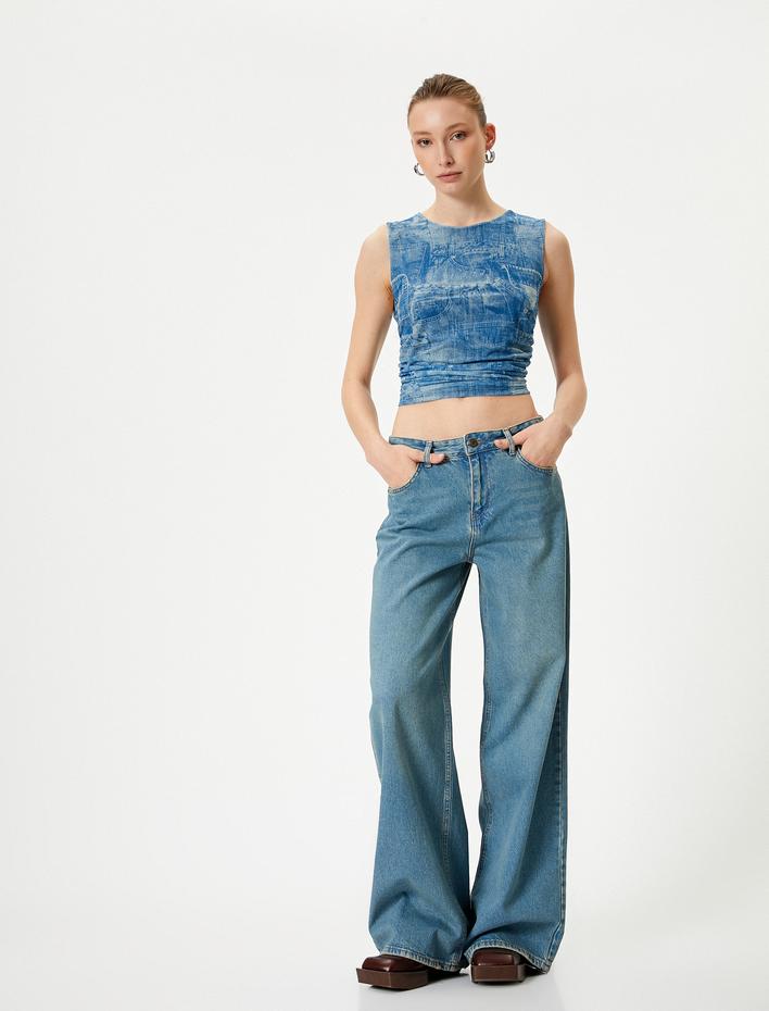  Denim Görünümlü Üst Crop Büzgülü Bisiklet Yaka