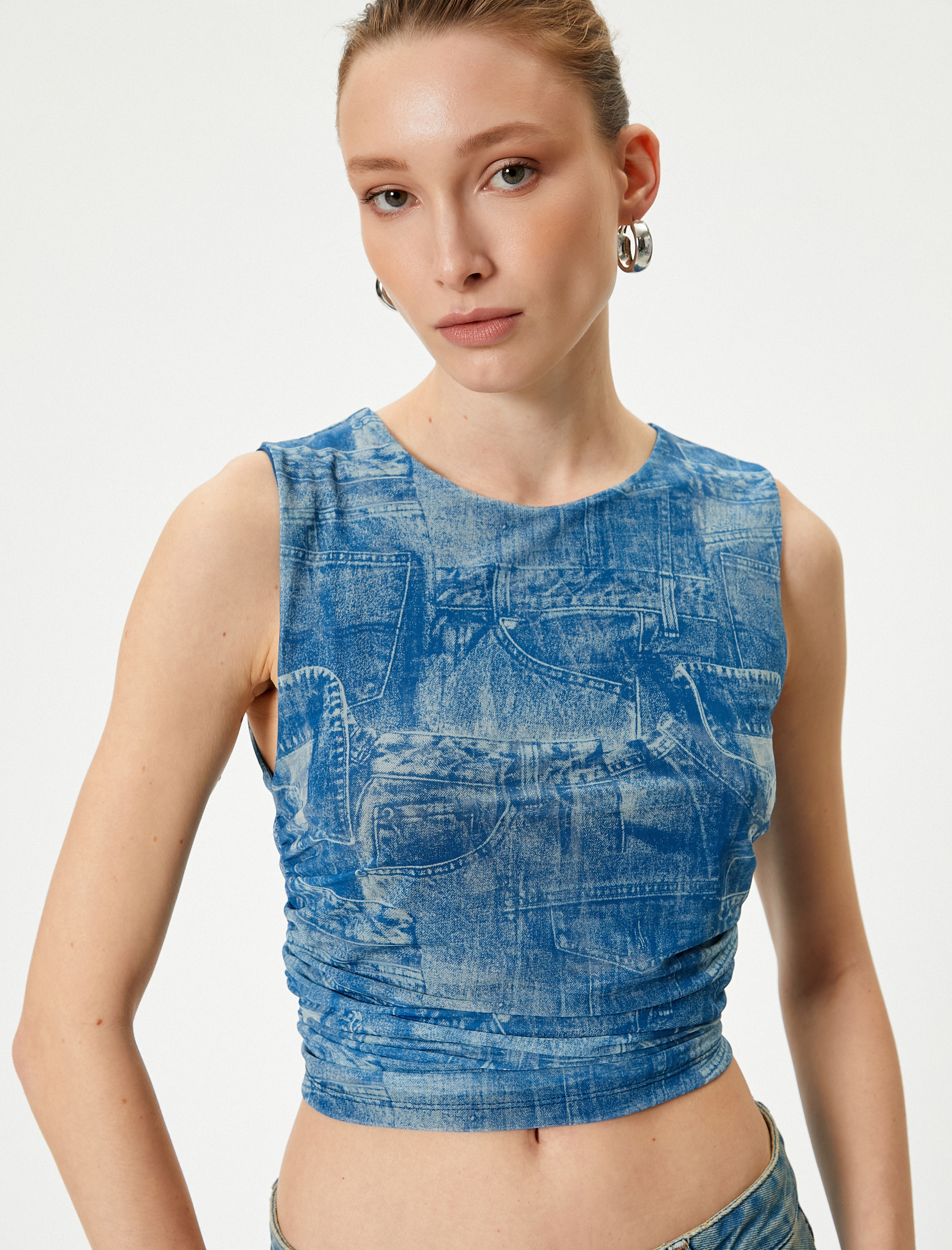   Denim Görünümlü Üst Crop Büzgülü Bisiklet Yaka