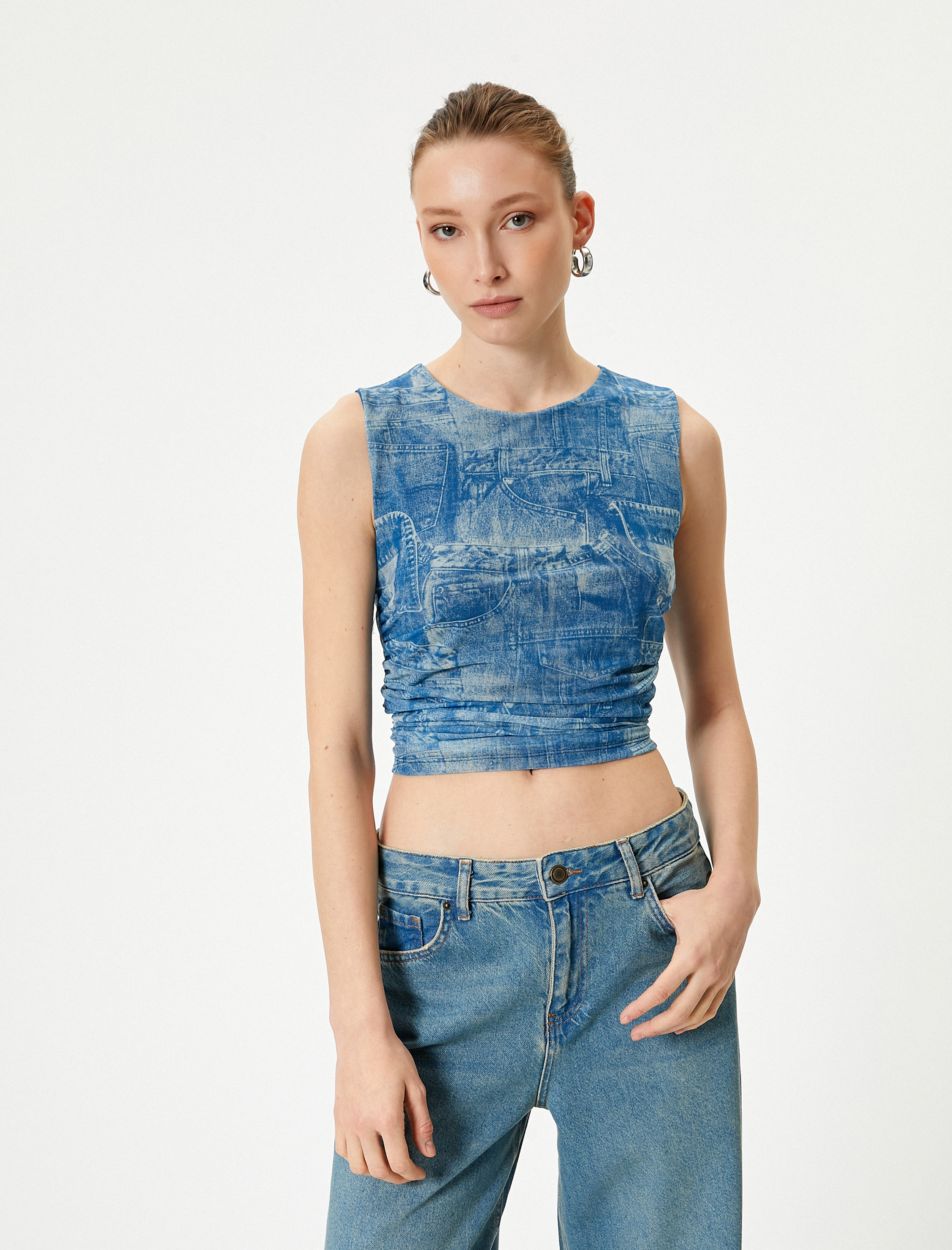   Denim Görünümlü Üst Crop Büzgülü Bisiklet Yaka