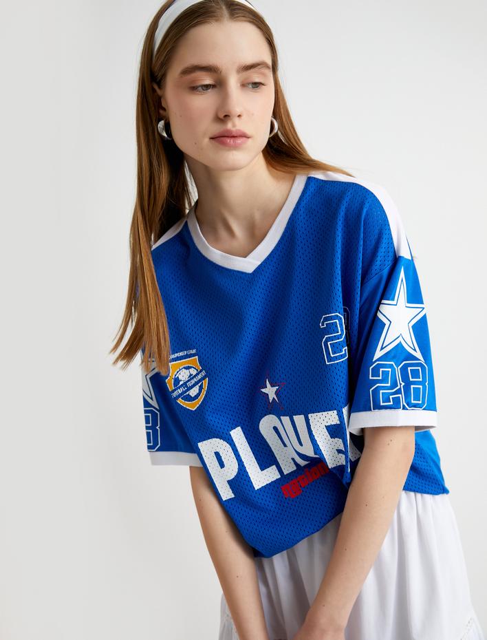  Forma Tişört V Yaka Kısa Kollu Renk Bloklu Baskılı