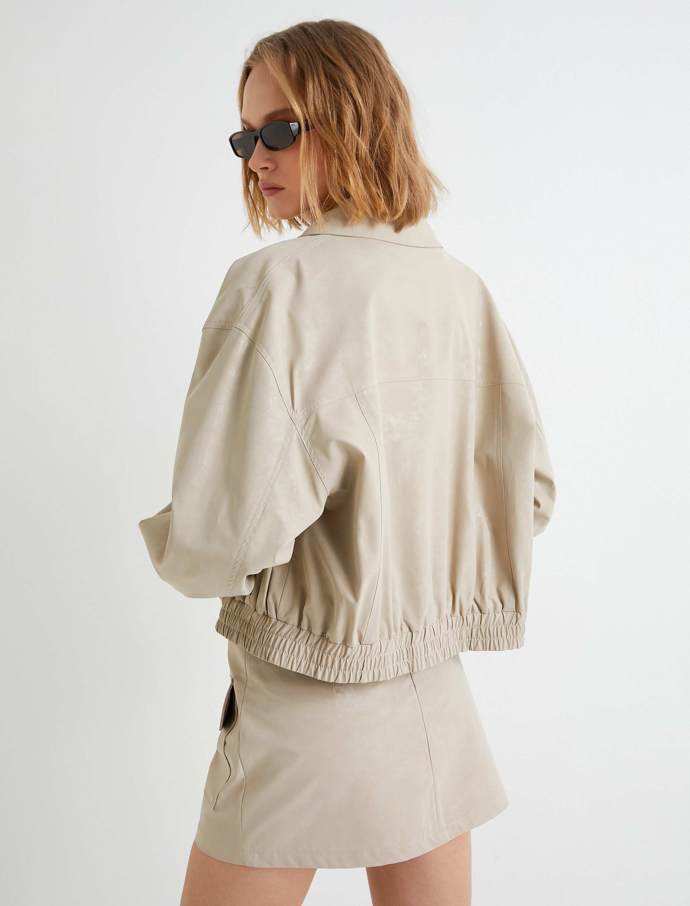   Suni Deri Bomber Ceket Cepli Beli ve Manşetleri Lastikli