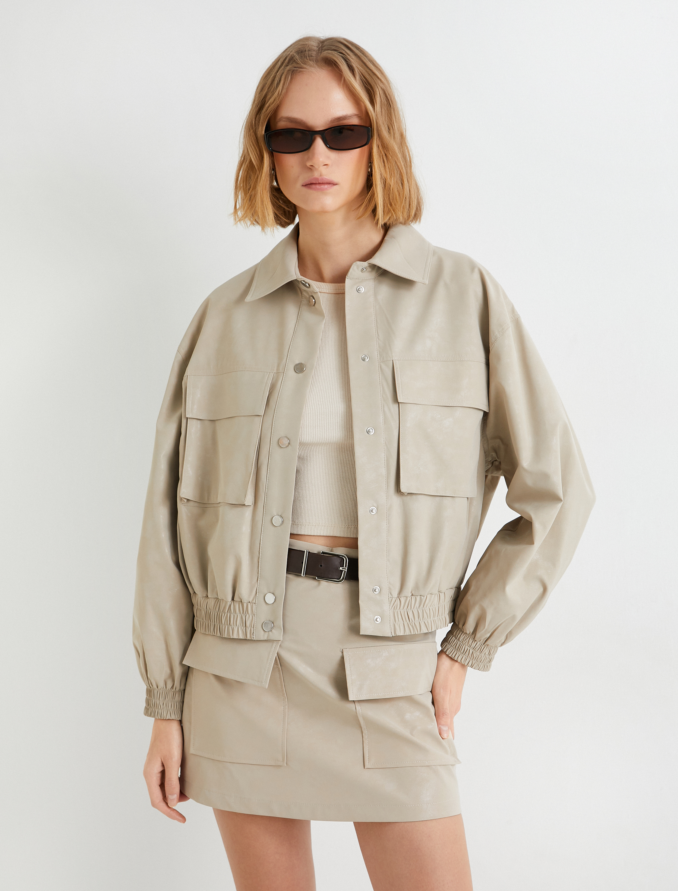   Suni Deri Bomber Ceket Cepli Beli ve Manşetleri Lastikli