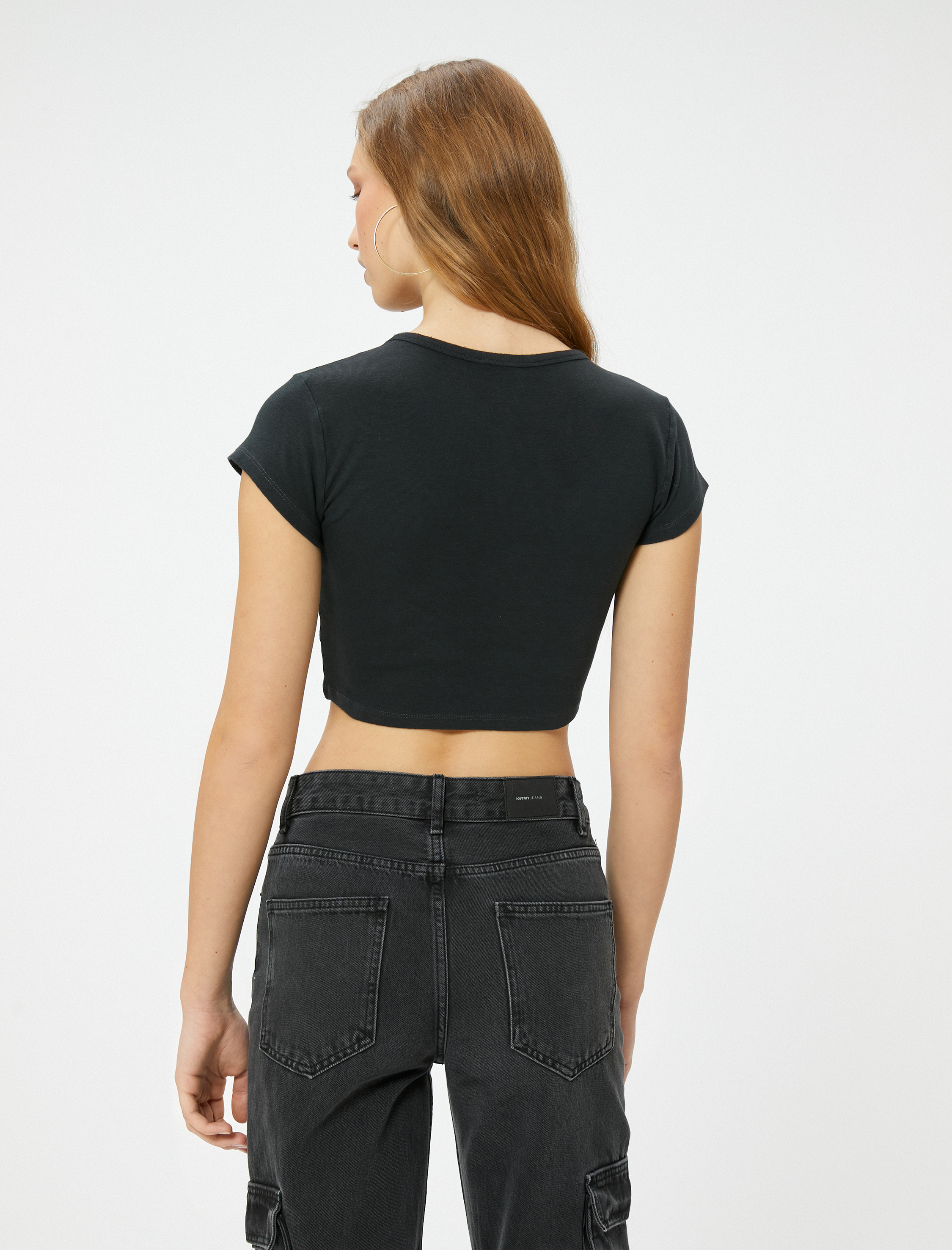 Crop Baskılı Tişört Bisiklet Yaka Kısa Kollu Pamuklu Slim Fit