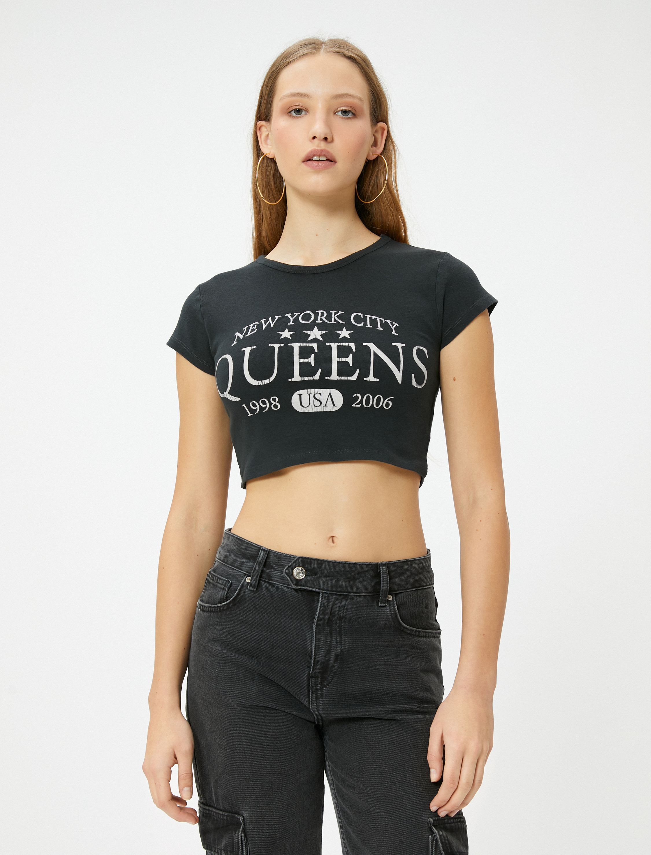 Crop Baskılı Tişört Bisiklet Yaka Kısa Kollu Pamuklu Slim Fit