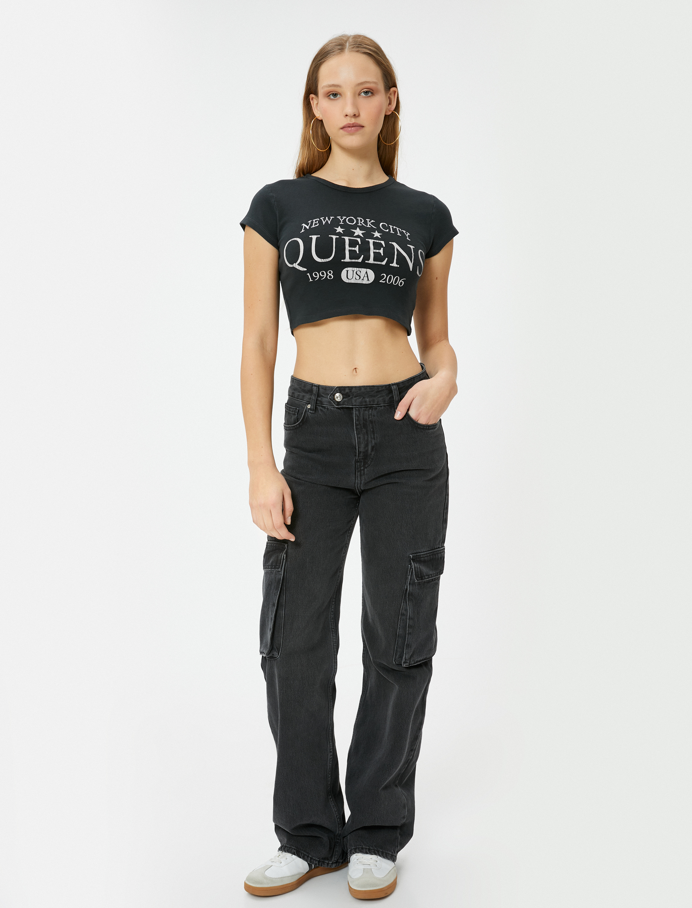 Crop Baskılı Tişört Bisiklet Yaka Kısa Kollu Pamuklu Slim Fit