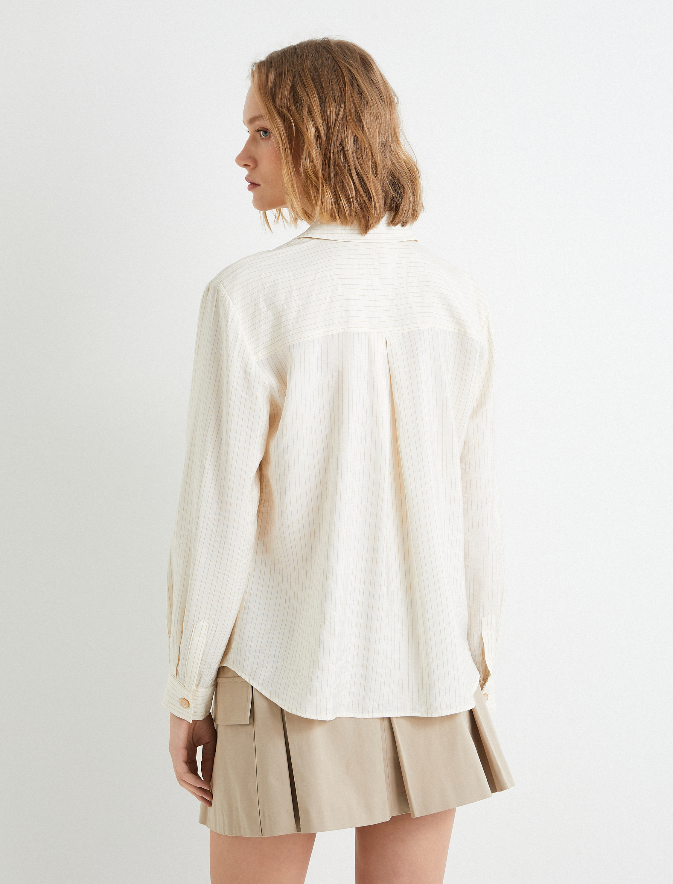   Uzun Kollu Gömlek Cepli Düğmeli Viskon Karışımlı