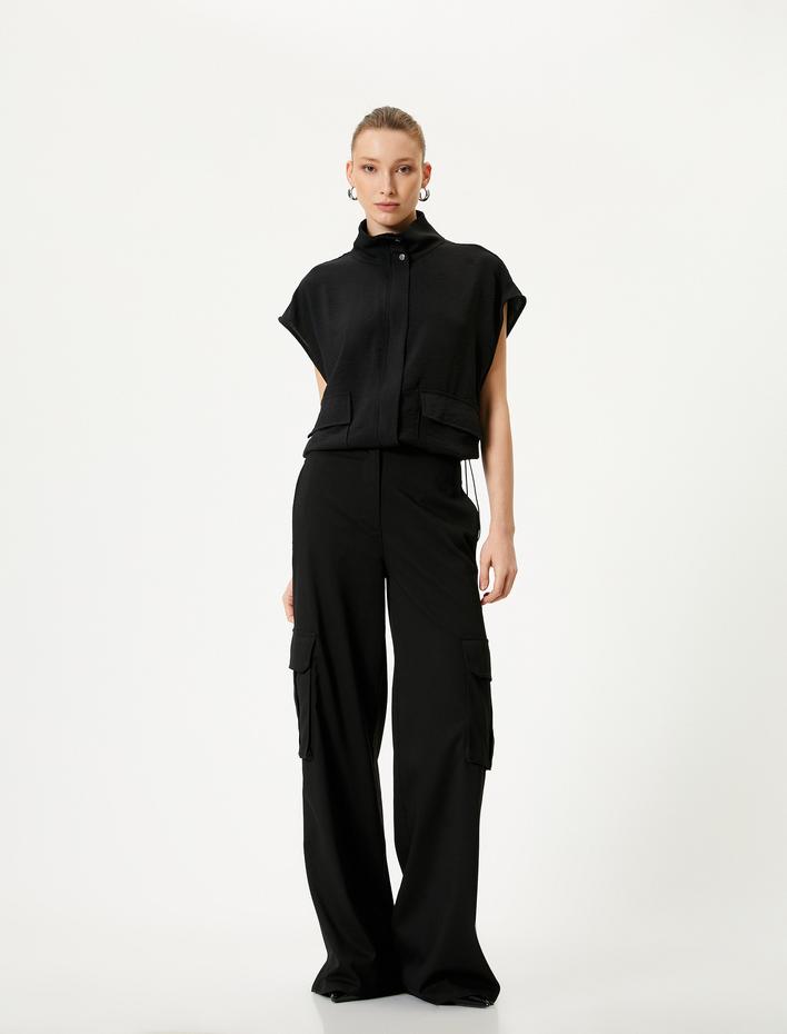  Kısa Kollu Bluz Dik Yaka Cepli Çıtçıt Düğmeli