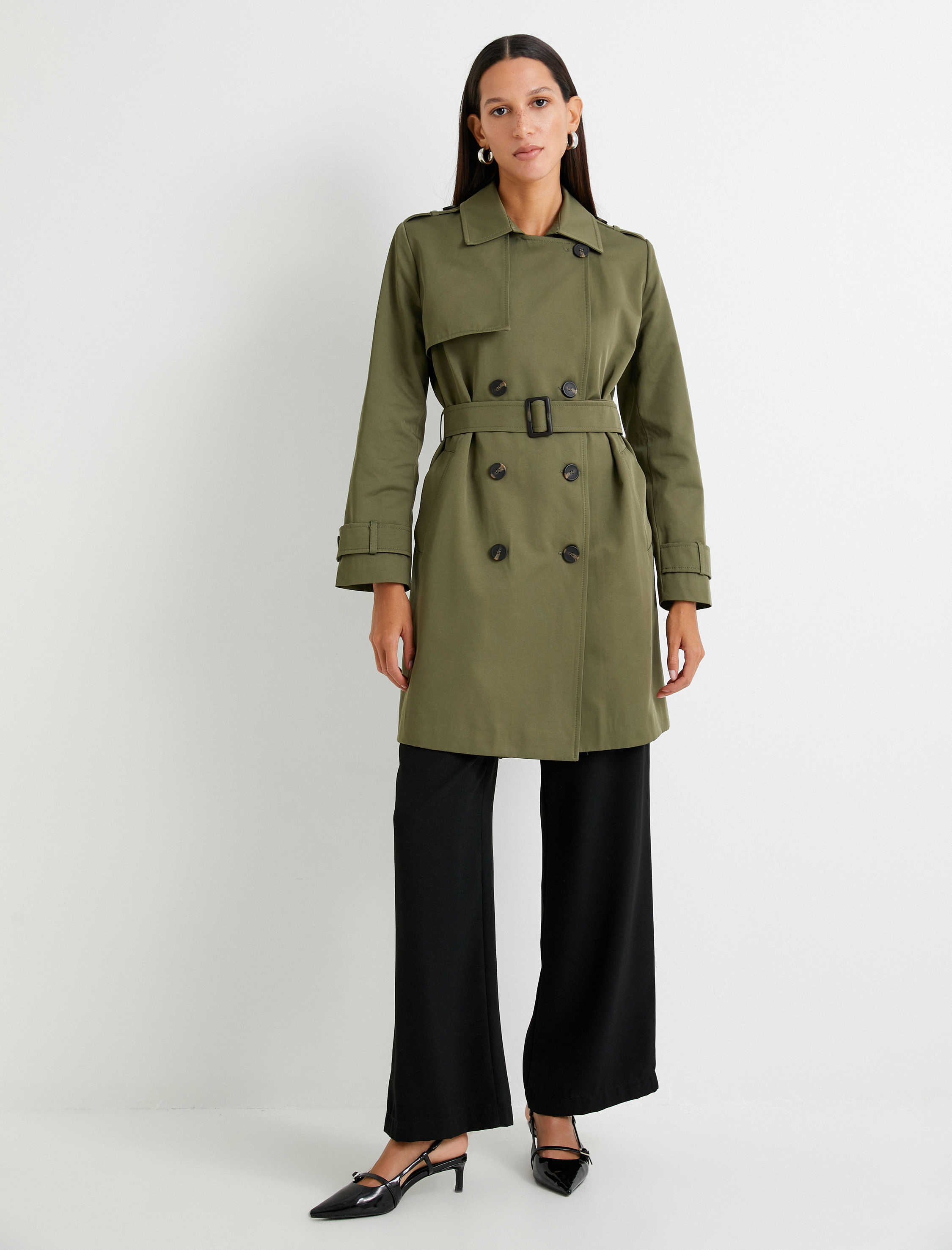   Trençkot Kruvaze Düğmeli Cepli Rüzgarlık Detaylı