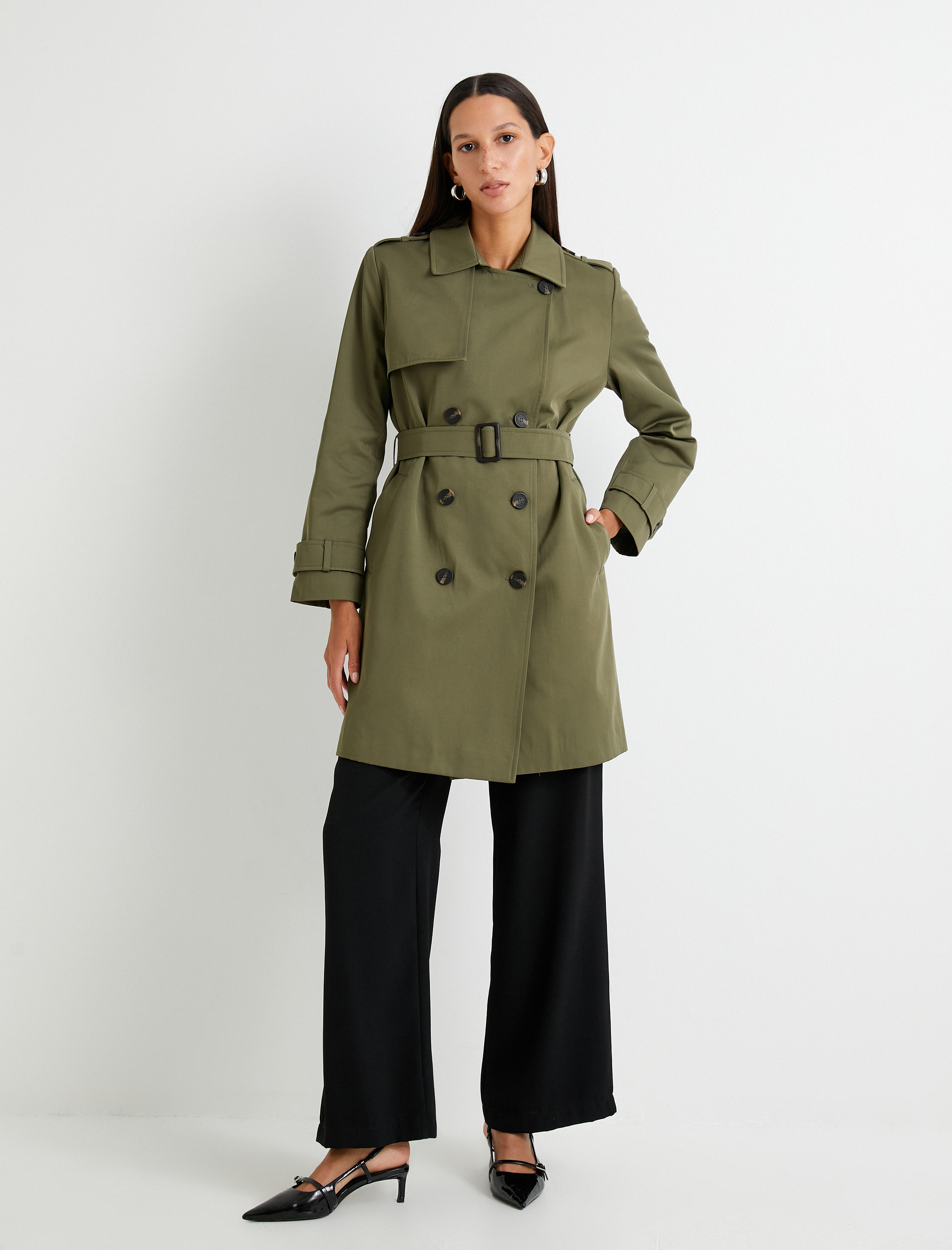   Trençkot Kruvaze Düğmeli Cepli Rüzgarlık Detaylı