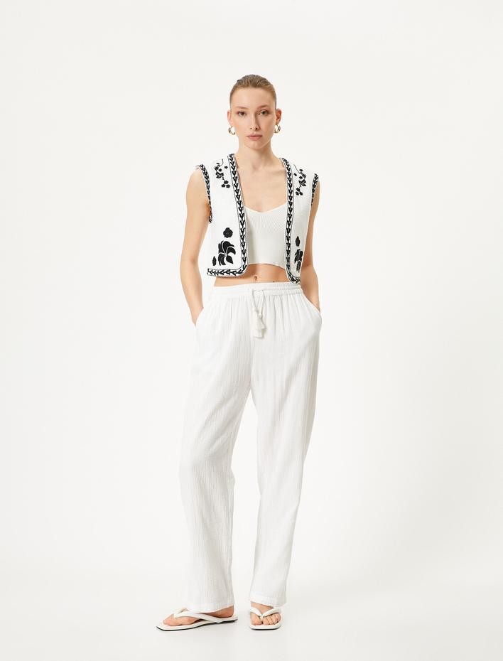  Crop Yelek Nakış Detaylı Pamuklu