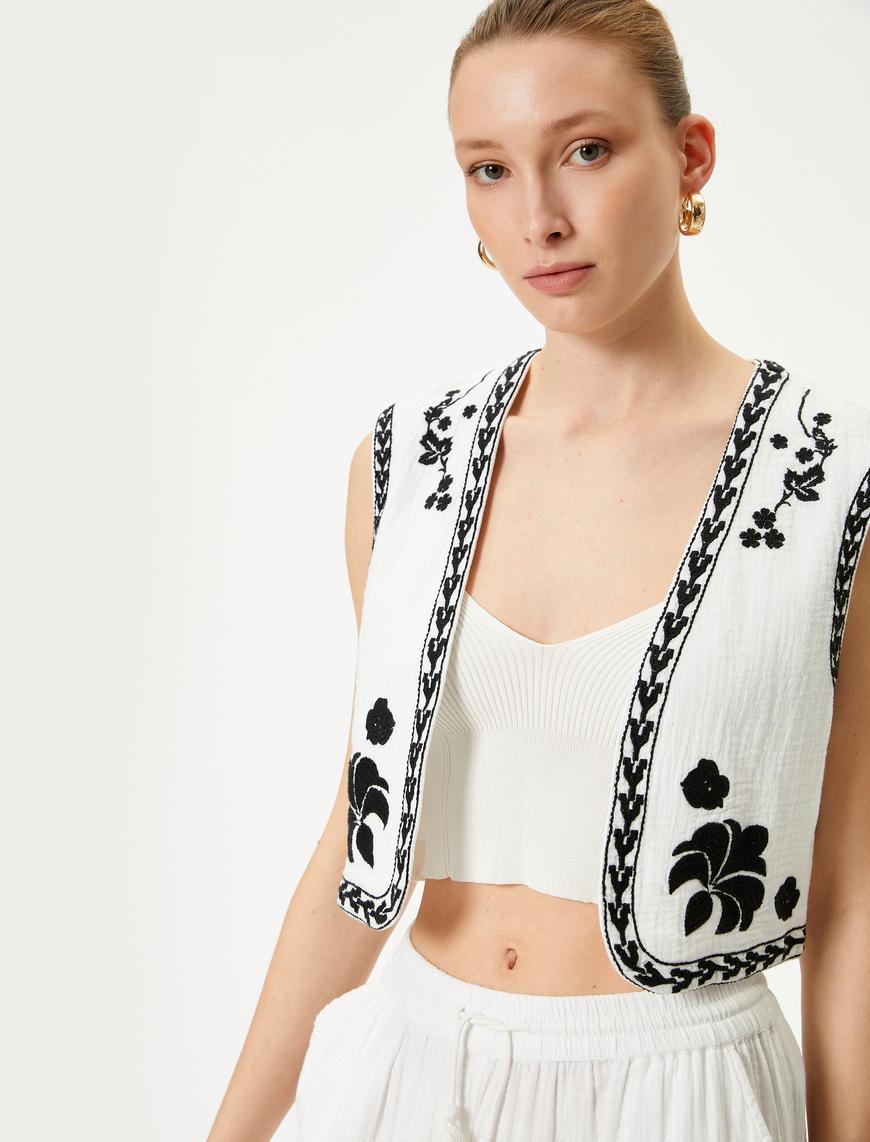   Crop Yelek Nakış Detaylı Pamuklu